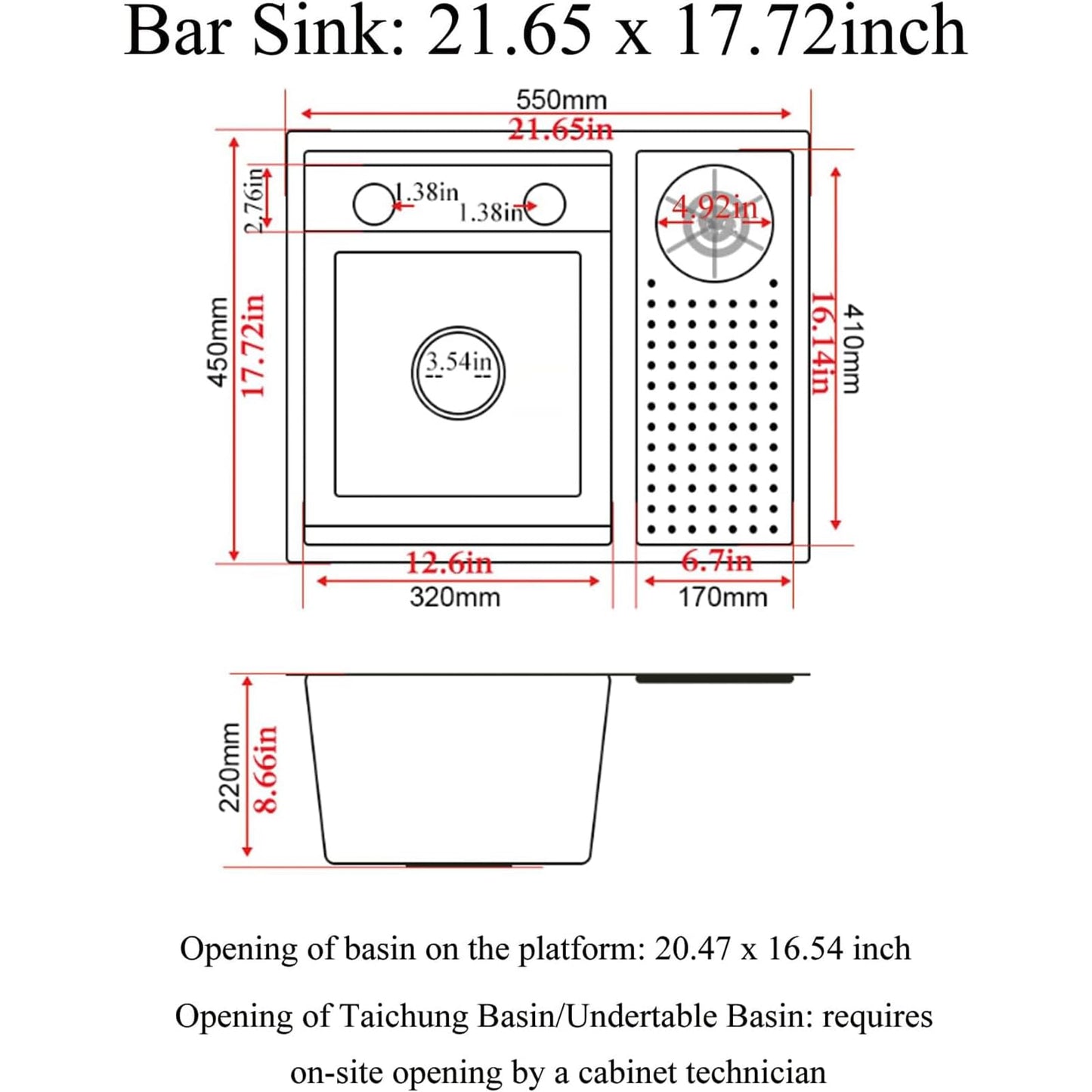 COZHAO Concealed Black Stainless Steel Slow Drop Bar Sink for Center Island, Motor Home, Western Style Countertop,Included Rotating Folding Faucet,Press Cup Washer(21.6 x 17.7 inch)