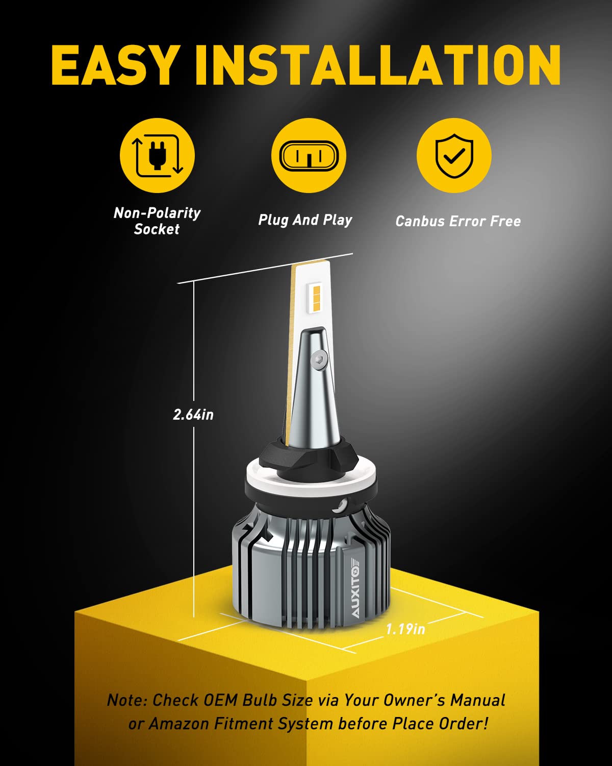 AUXITO LED Fog Light Bulbs, 3000K Amber Yellow, 30W 6000LM, Wireless, Plug and Play, 880/899 Size, Pack of 2