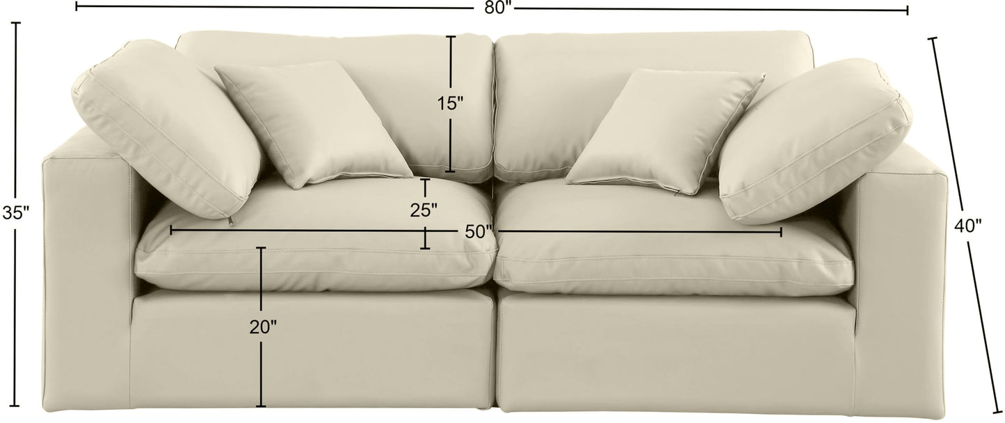 Meridian Furniture 188Cream-S80 Comfy Collection Modern | Contemporary Upholstered Modular Sofa with Soft Cream Vegan Leather, Fiber-Filled, 80" W x 40" D x 34.5" H, Cream