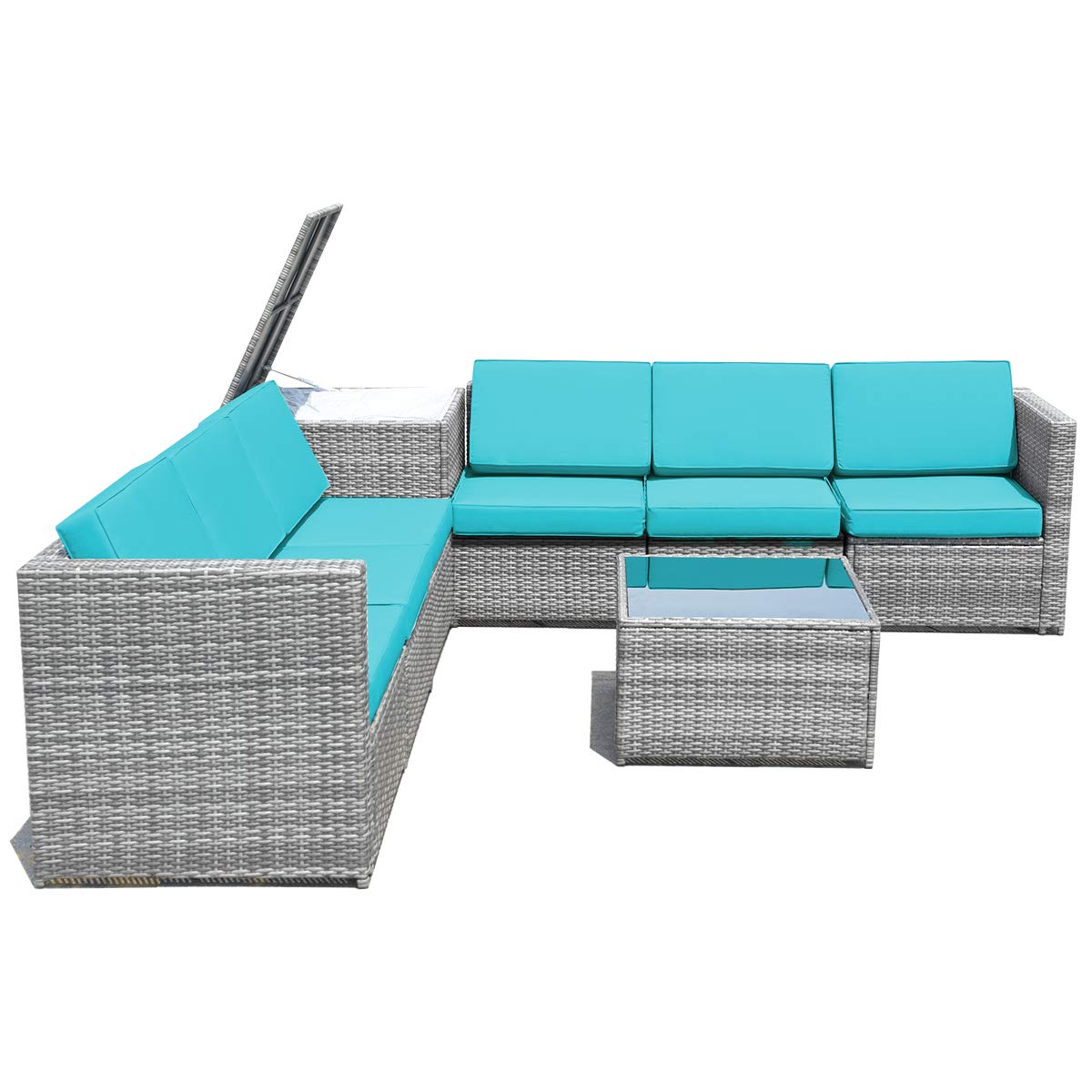 Tangkula 8 Pieces Wicker Patio Furniture Set with Storage Deck Box, PE Rattan Outdoor Sectional Conversation Set with Coffee Table & Cushions, Outside Furniture for Garden Yard Poolside (Turquoise)