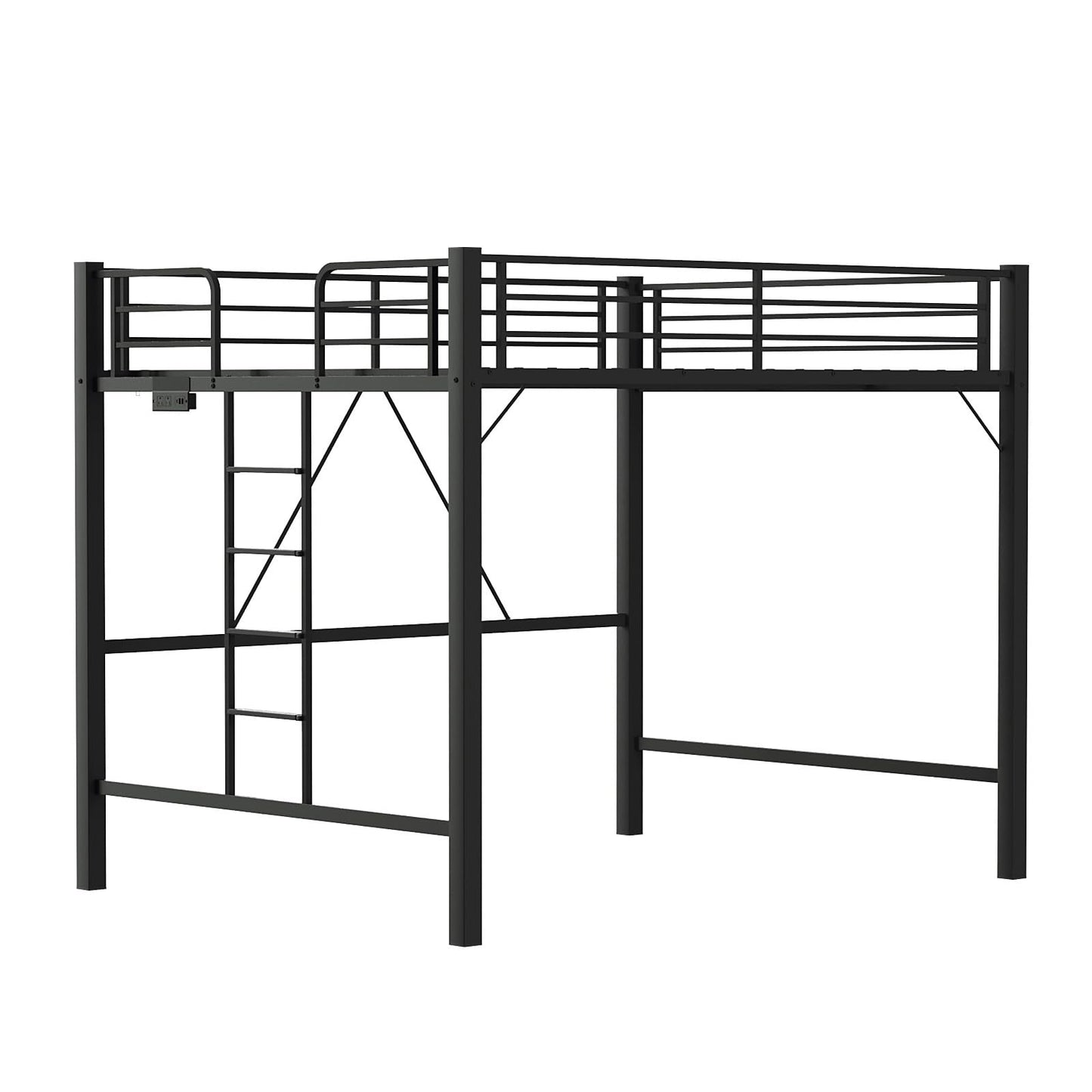 VINGLI Loft Bed Queen Size with Charging Station and LED Lights,Safety Guardrail and Stair for Teens/Adults, No Box Spring Needed, Heavy Duty Metal Support Slat, Black