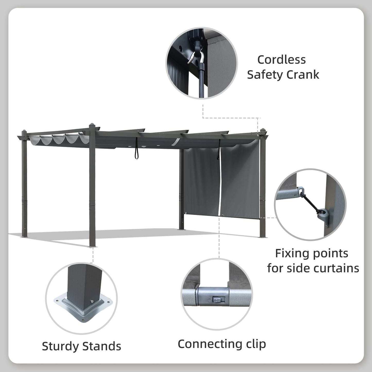 BPS 12x16 FT Outdoor Pergola - Retractable Shade Canopy with Aluminum Frame & Roller Shade Curtains for Patio, Backyard, or Deck, Gray