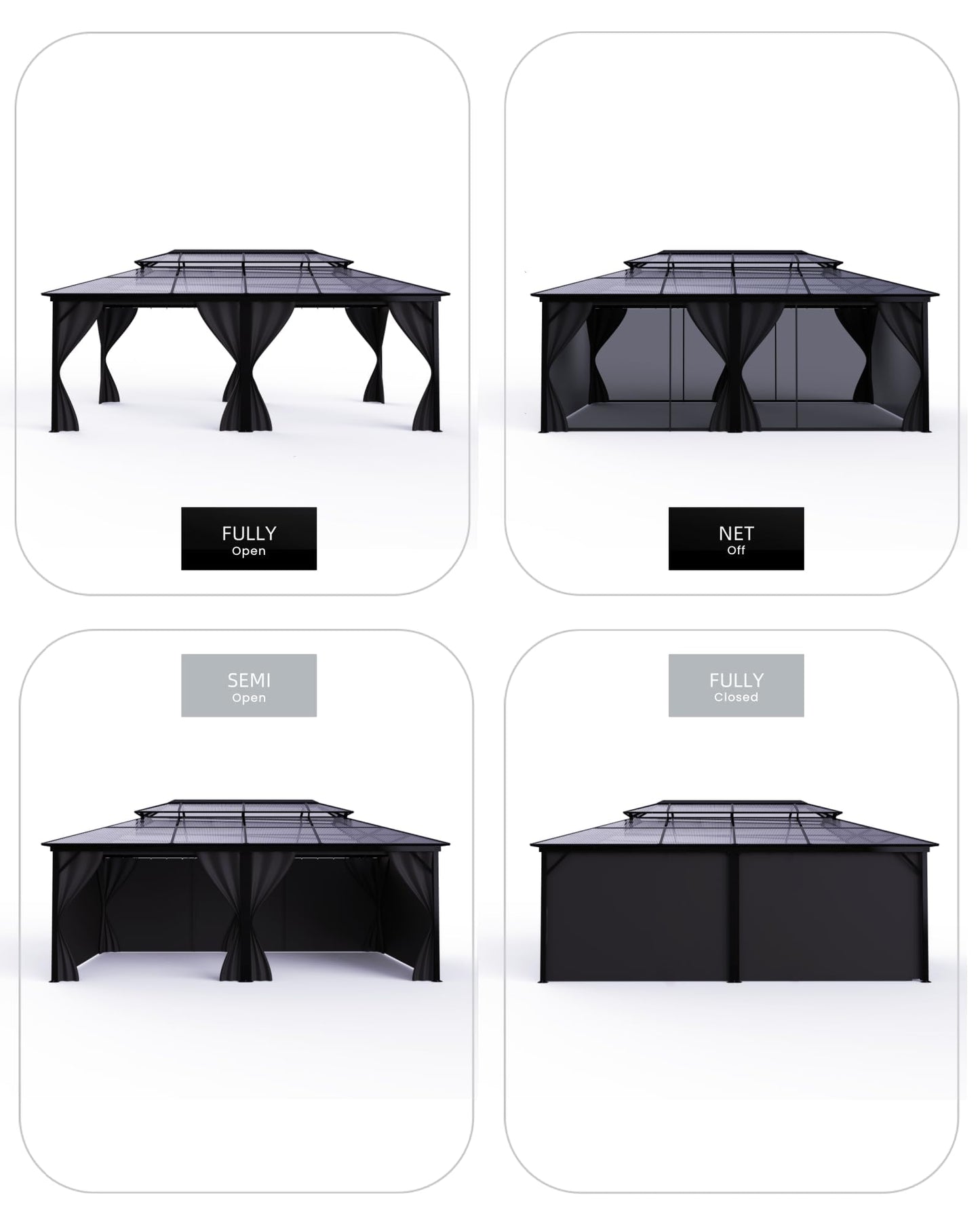 12' x 20' Permanent Hardtop Gazebo - Heavy Duty Aluminum Frame with Double Roof, Includes Curtains & Netting for Patio/Backyard/Garden (All-Weather)