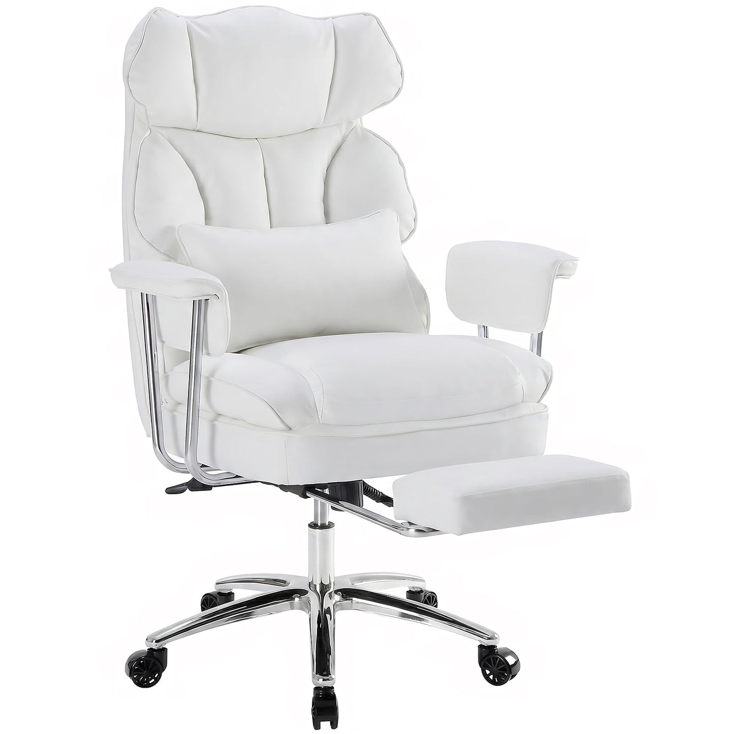 HAPPYMONT Executive Ergonomic Office Chair, PU Leather High Back Reclining Office Chair with Footrest and Lumbar Support, Height Adjustable Rolling Swivel Computer Chair for Home Office,White