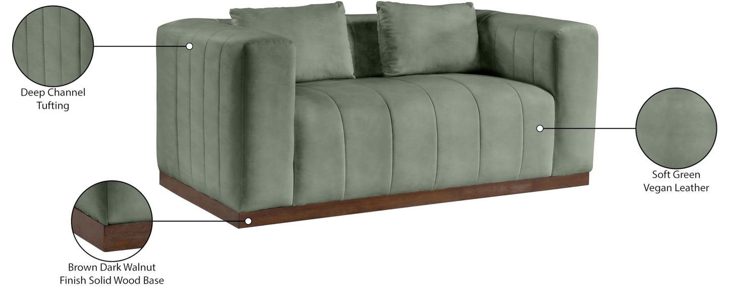 Meridian Furniture 44098Green-L Mallina Collection Modern | Contemporary Loveseat with Soft Green Vegan Leather, Walnut Finish Solid Wood Base, Deep Channel Tufting, 67" W x 36" D x 28.5" H, Green