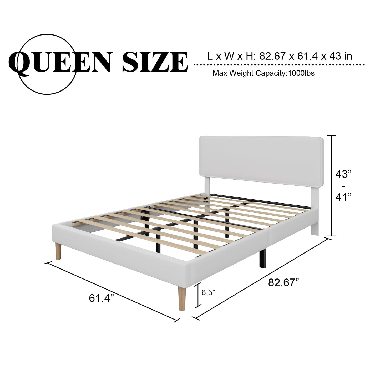 HAOARA Queen Size Upholstered Platform Bed Frame, PU Leather Adjustable Headboard, No Box Spring Needed, Wood Slats Support, Easy Assembly, White