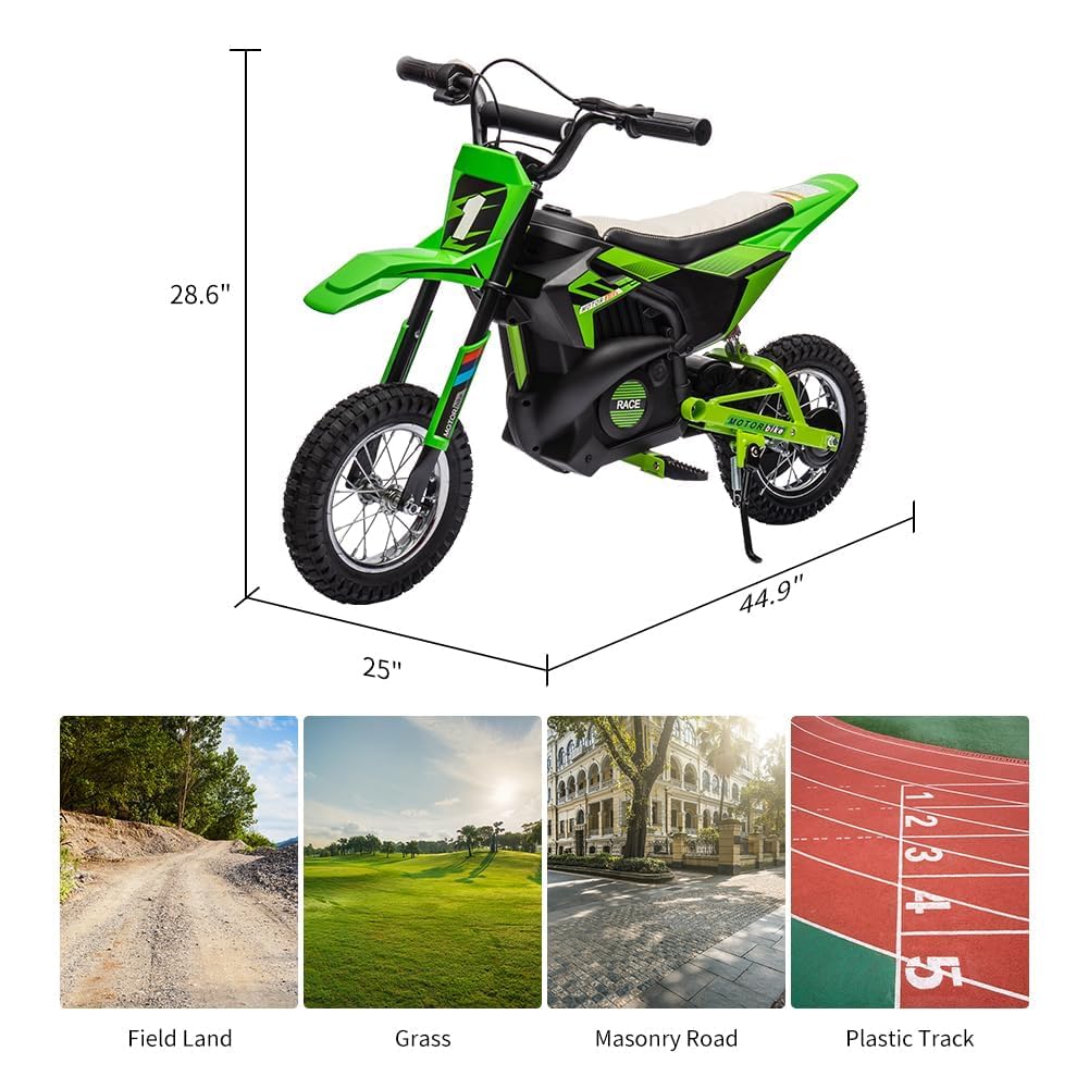 24V Electric Off-Road Motorcycle,250W Motor 13.6MPH Fast Speed Motocross,Leather Seat Dirt Bike,Twist Grip Throttle,Metal Suspension,Air-Filled Tires,for Kids Teens 8+ (Green)