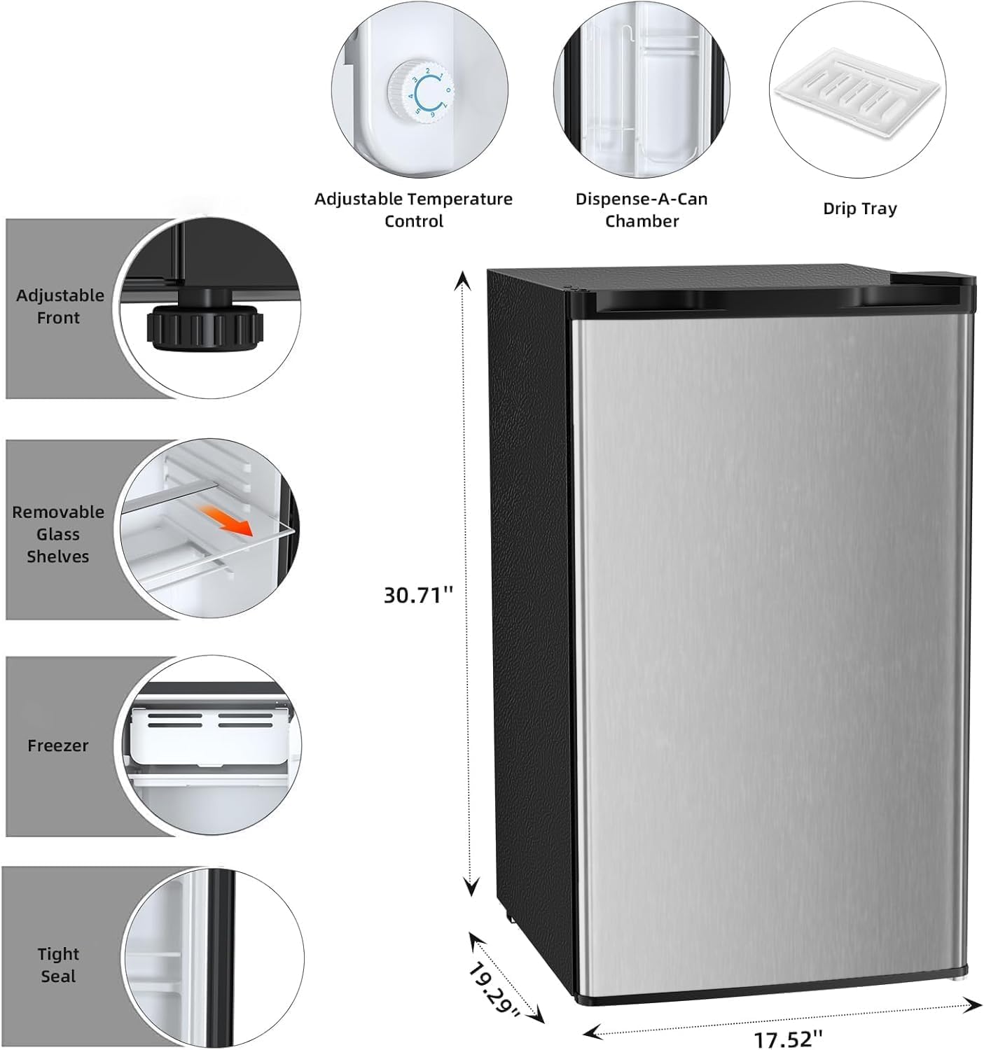 COWSAR 3.2 Cu.Ft Mini Fridge with Freezer, Reversible Door Compact Refrigerator with 7-Speed Thermostat, Small Fridge for Office Dorm, Upright Freezer Style (STEEL)