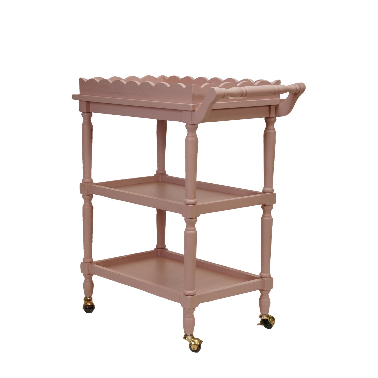 Creative Co-Op 3-Tier Bar Cart on Casters with Removable Scalloped Tray, Pink