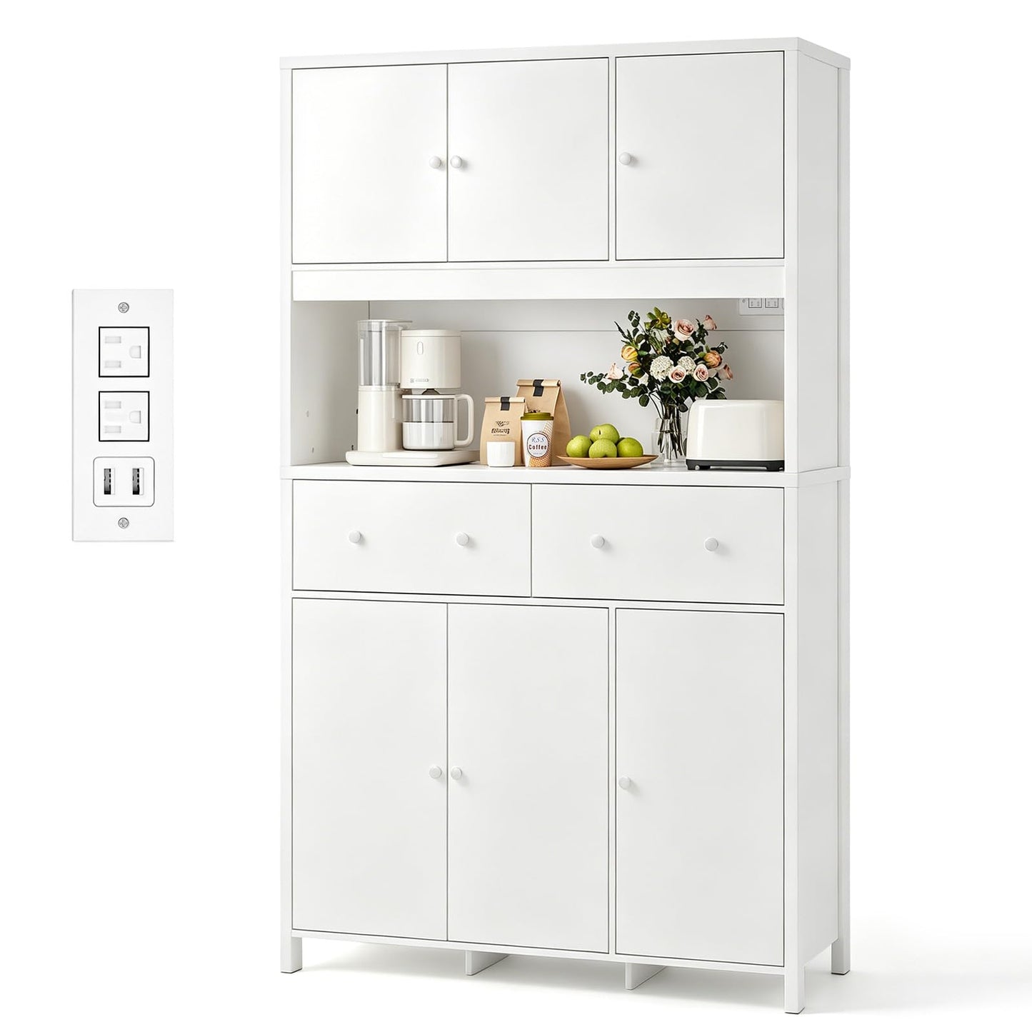 Garvee 71" H Pantry Cabinet with Charging Station, Tall Kitchen Pantry Storage Cabinet with Countertop, Modern Kitchen Hutch with Storage Drawers for Living Room, Dining Room, White