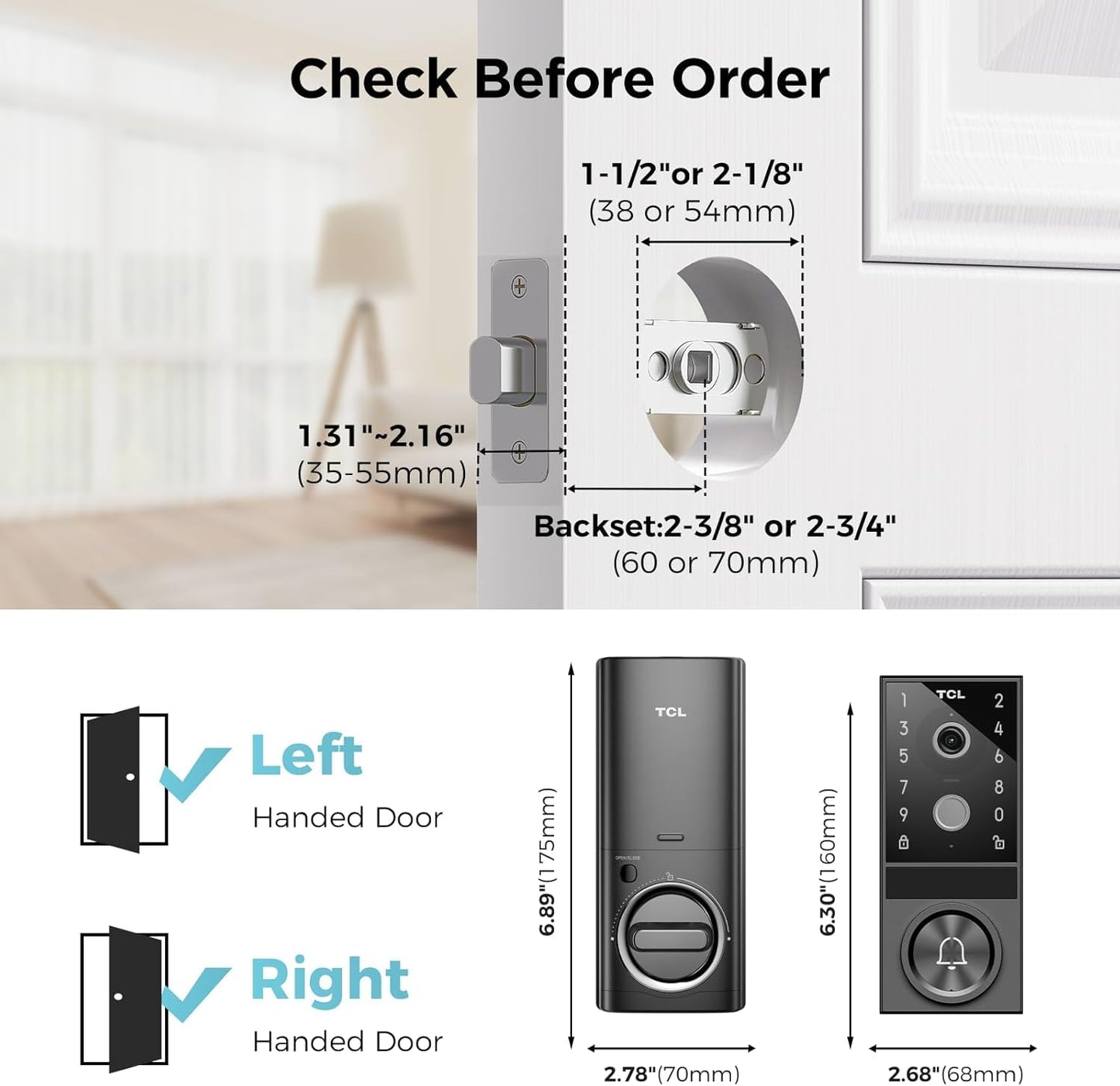 TCL Video Smart Door Lock D1 Max, 3-in-1 2K Camera+Doorbell+Fingerprint Door Lock, Built-in Wi-Fi Deadbolt for Front Door, Keyless Entry, Auto Lock, App Remote Control, Easy Installation (Black)