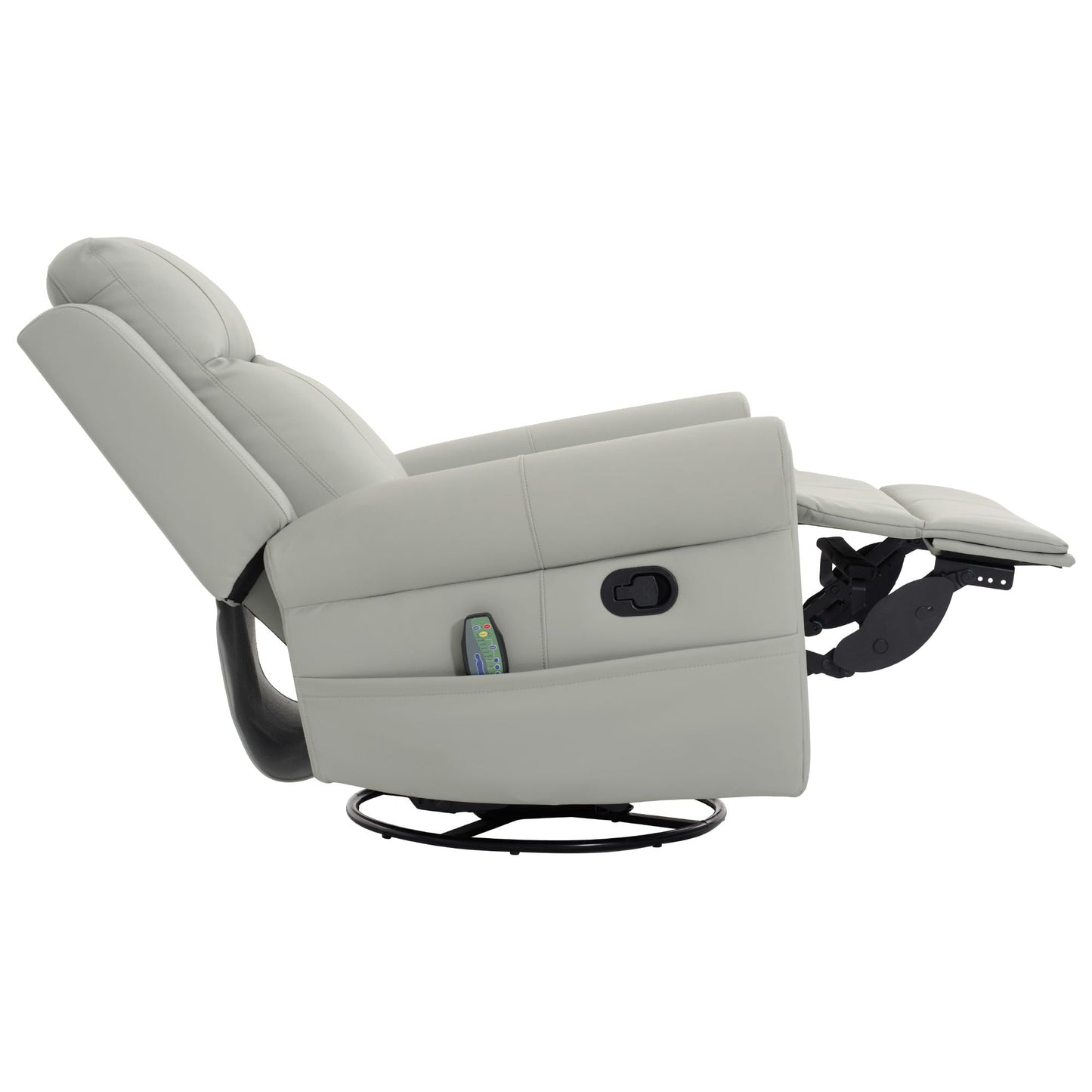Merax 270°Swivel Rocker Recliner Chair, PU Leather Manual Recliner with Massage and Heating, Dual Reclining Positions and Side Pocket and for Living Room, Bedroom, or Nursery, Grey