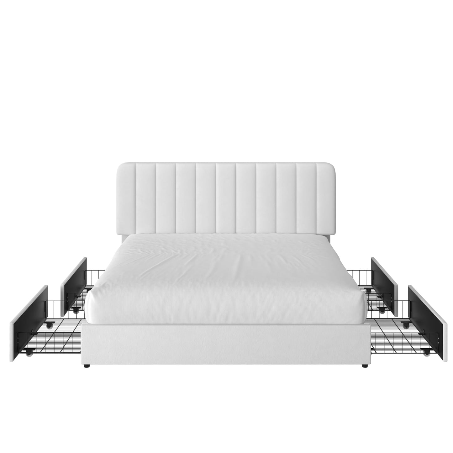 VECELO Queen Size Upholstered Bed Frame with 4 Drawers and Headboard, Velvet Platform Storage Bedframe, Wooden Slats Support, No Box Spring Needed,Snow-White