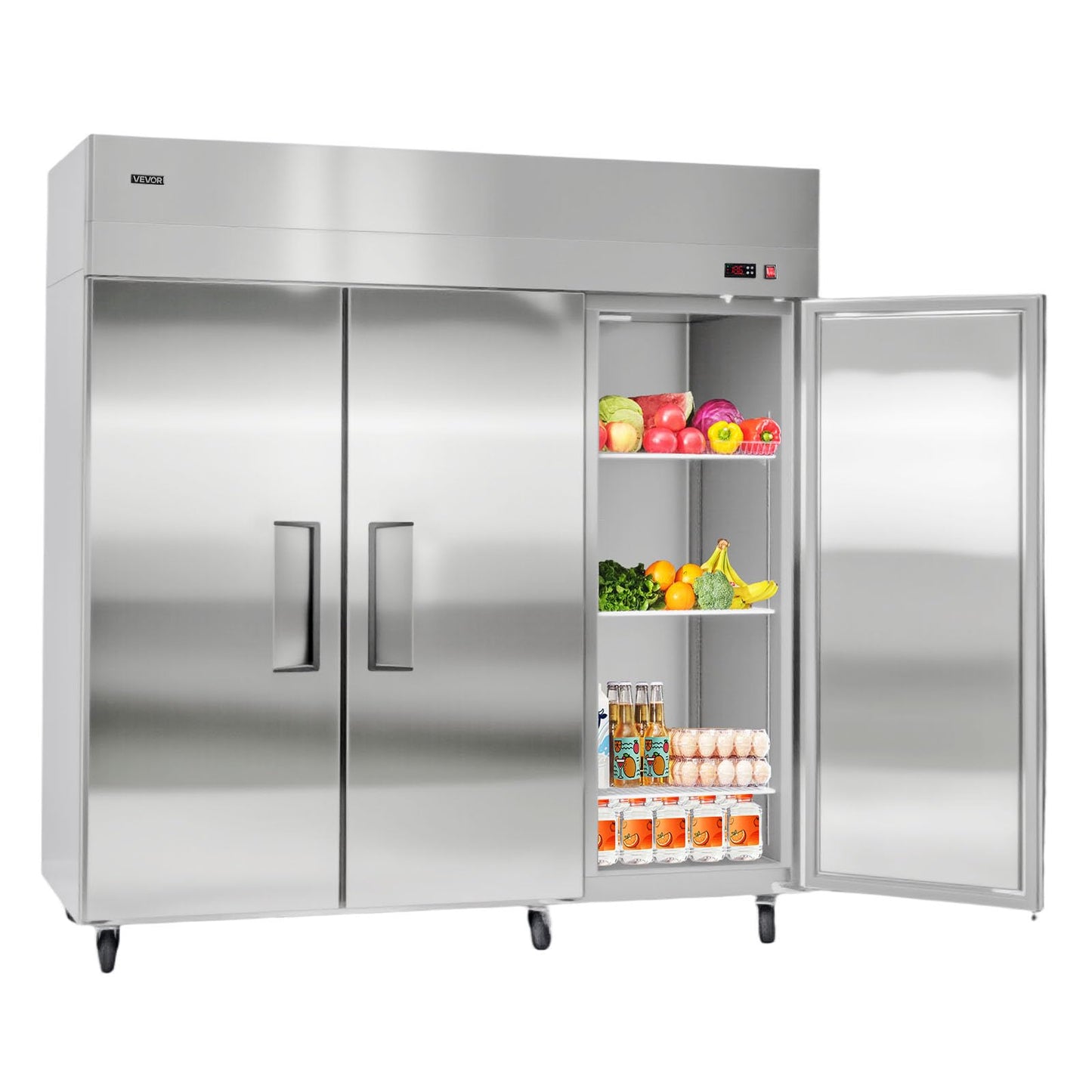 VEVOR Commercial Reach-In Refrigerator 72" W, 52 Cu.Ft Stainless Steel Upright Refrigerator with Three Doors, Auto-Defrost, 9 Adjustable Shelves, 32 to 50℉ Temp Control, UL Certified