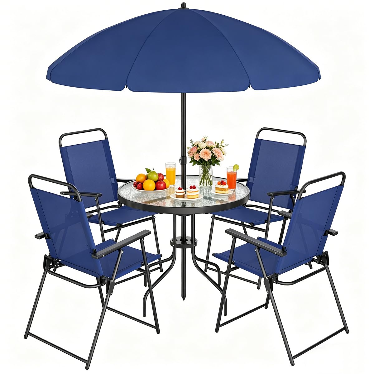 Shintenchi 6 Piece Outdoor Patio Furniture Set, Small Outdoor Patio Dining Table and Chairs Set, Outdoor Seating with Umbrella for Backyard, Balcony, Front Porch, Dark Blue