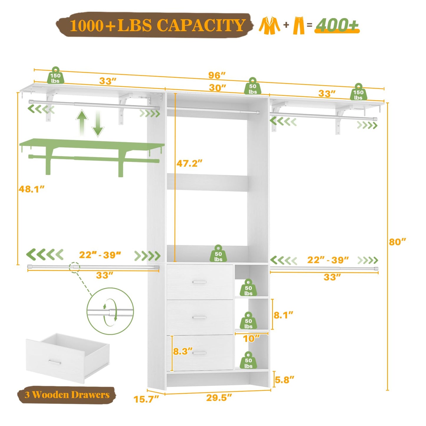 Aheaplus Closet System, Closet Organizer with 3 Wooden Drawers, 8FT Closet Organizer System, 96’’ Walk-in Closet Wardrobe Clothes Rack with Hanging Rods, Garment Rack, Fits 5.3-9 ft, -W3,White