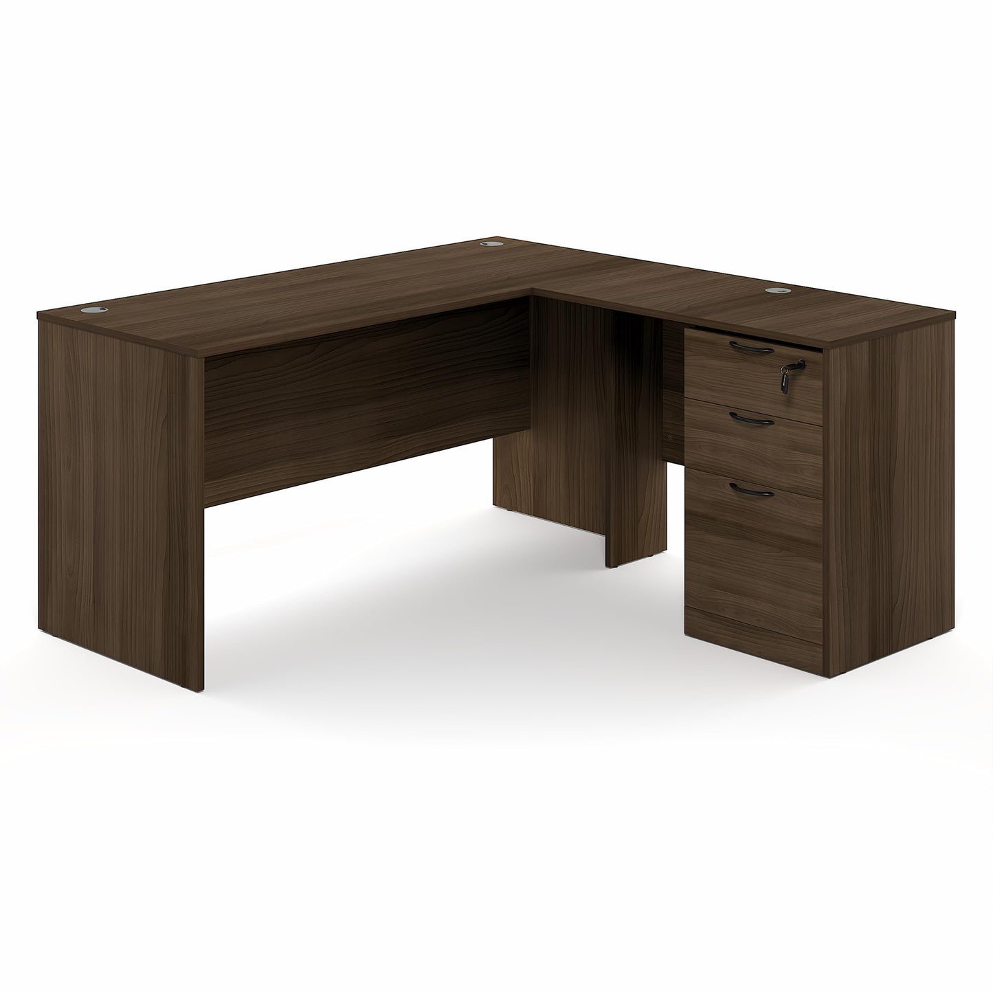 Furinno Roger 60 Inch L-Shaped Executive Desk with File Cabinet, L-Shaped Office Desk with 3-Drawer Fixed Pedestal Filing Cabinet, Desk Cord Grommet, for Home Office, Modern Walnut