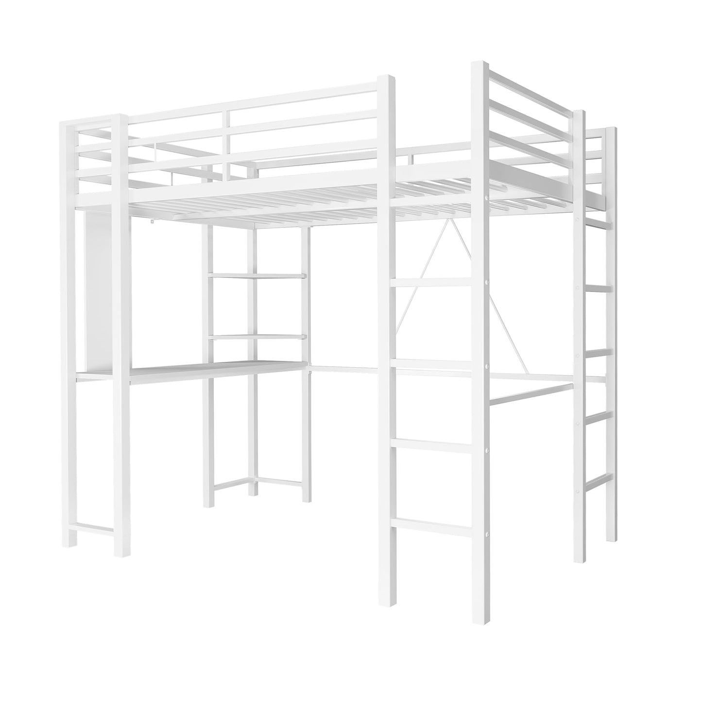 SUNLEI Loft Bed Full Size with Desk and Storage, Metal Full Size Loft Bed Frame with Dual Ladders, Safety Guard Rail, Space Saving Bed with Study Desk for Small Room, Teens Adults, Snowy White