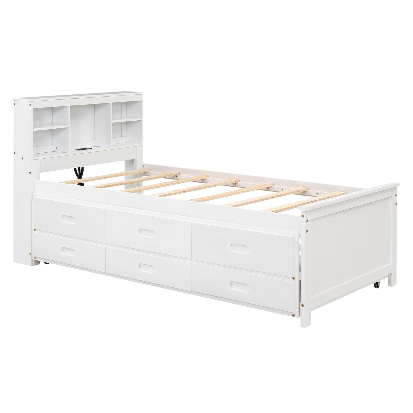 Merax Twin Size Platform Bed with Storage Headboard, USB, Wood Bedframe with Twin Size Trundle and 3 Drawers, White