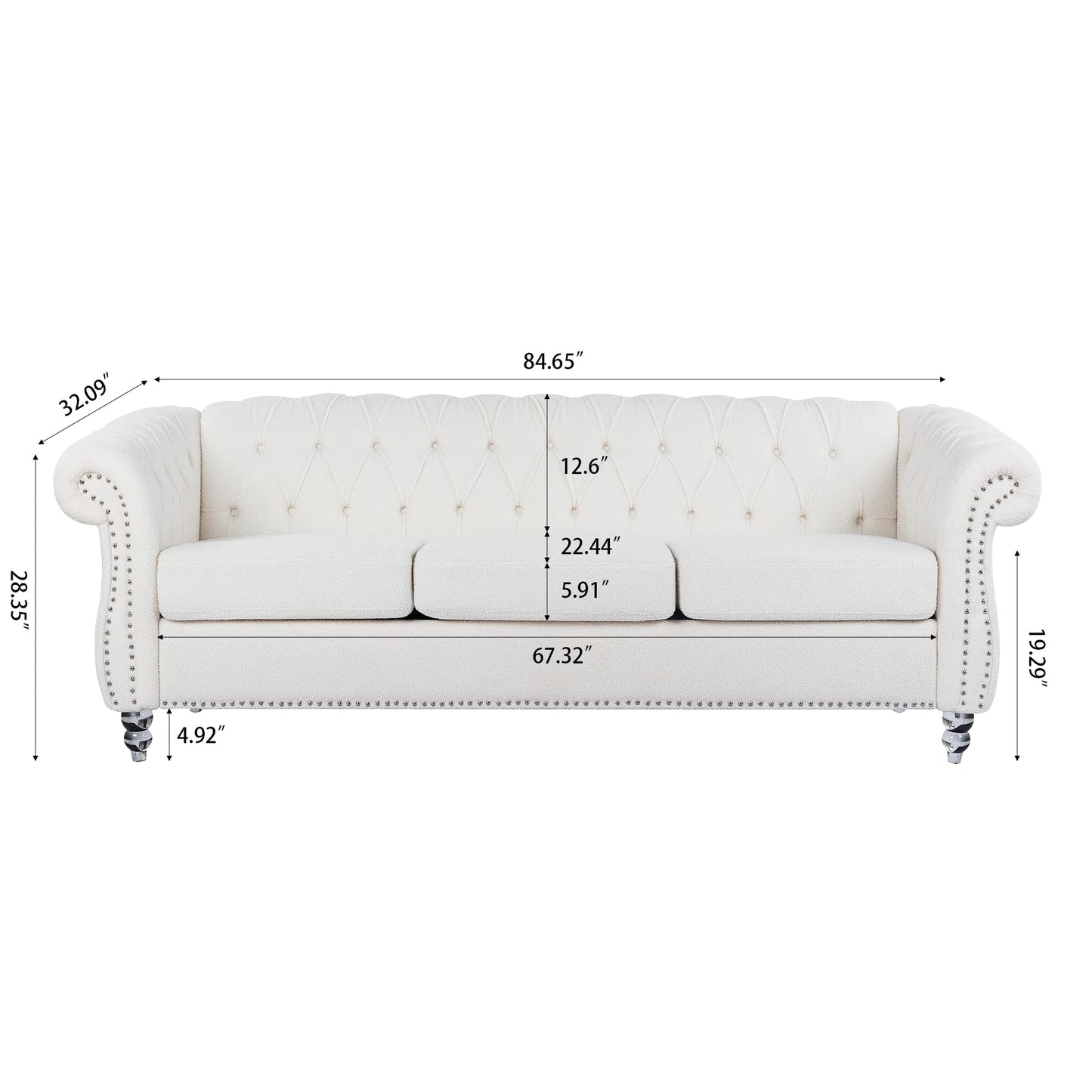Ball & Cast 84" Chesterfield Sofa with Channel Tufted Seat Back,Classic 3 Seater Couch Removable Square Arm Nailhead Trim and Upholstered,Mid Centuryfor Living Room,Bedroom,Office,White Polyester