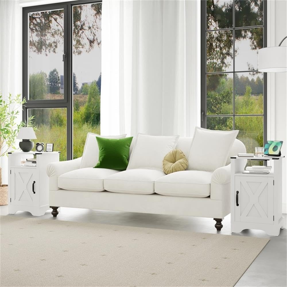 Pemberly Row Engineered Wood Nightstand Side End Tables, White Finish, Set of 2, 25.79 in H x 15.75 in W x 15.75 in D, Built-in Power Strip with USB Ports, Storage Cabinet and Open Shelf, Bedroom or