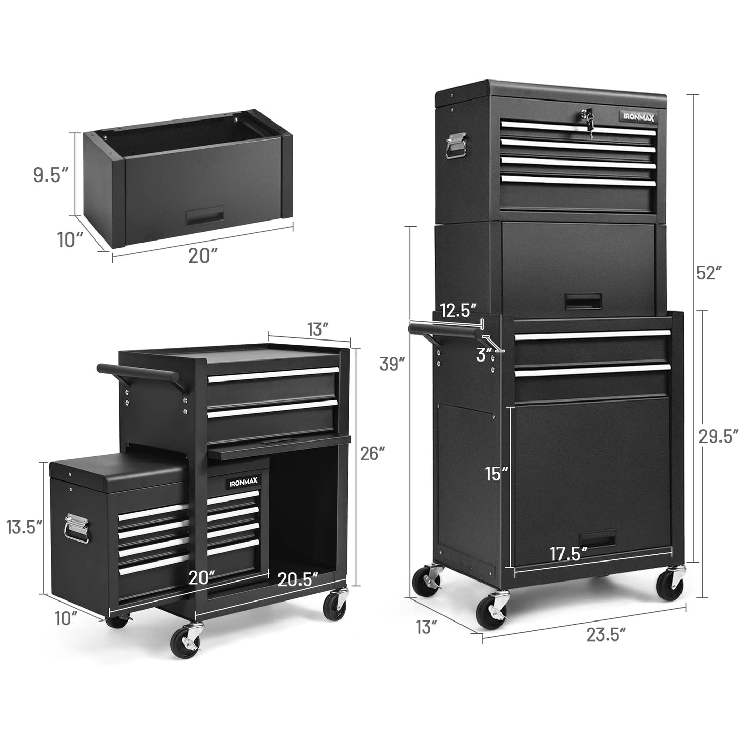 ERGOMASTER Rolling Tool Chest - Removable Top Box Large Bottom Cabinet with Casters and Lock System Tool-Box - Heighten 6-Drawer Black