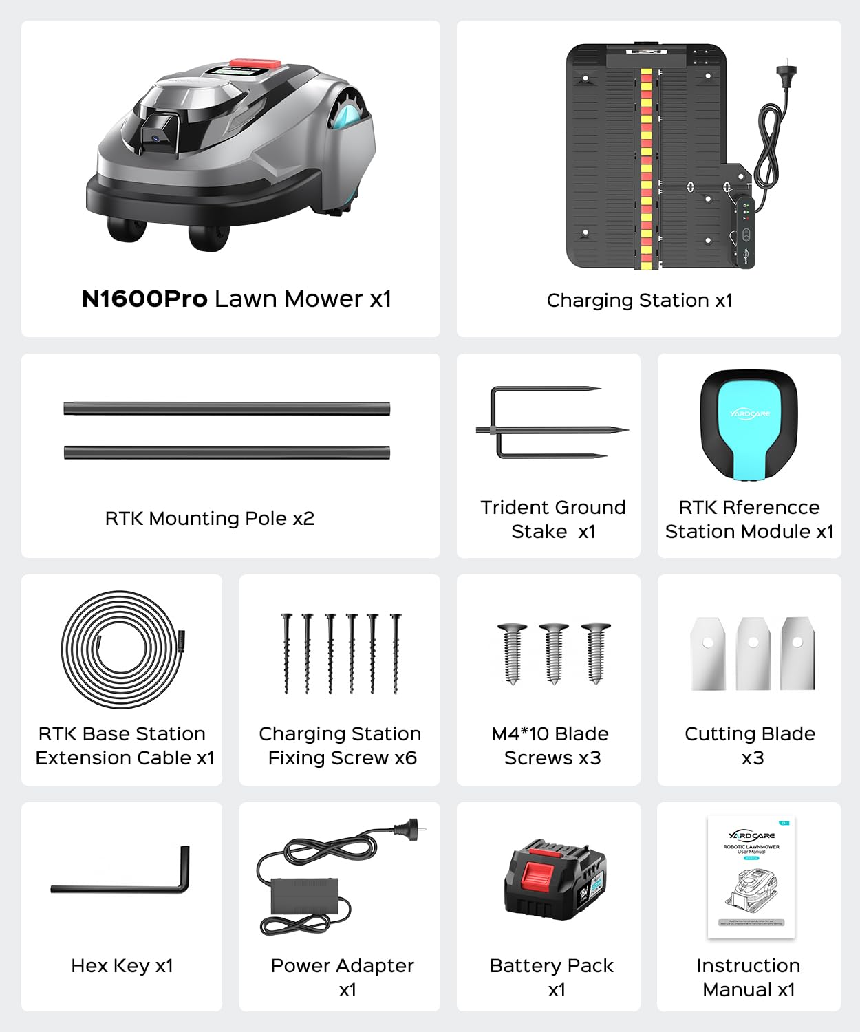 YARDCARE N1600 PRO Robot Lawn Mower, Wireless Design with RTK+Vision Navigation, 0.4 Acre Coverage, APP Smart Control Robot Lawn Mower, Multi-Zone Mowing, Curved Path, Adjustable Cutting Height