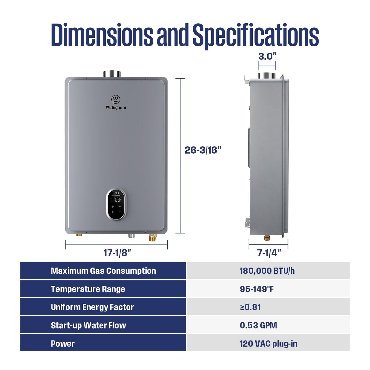 Westinghouse Smart Tankless Water Heater Gas Indoor, 7.9 GPM 180,000 BTU Whole Home Natural Gas Heater, WiFi App Control, ±1°F Temperature Stability, Non-Condensing for 3-5 Fixtures