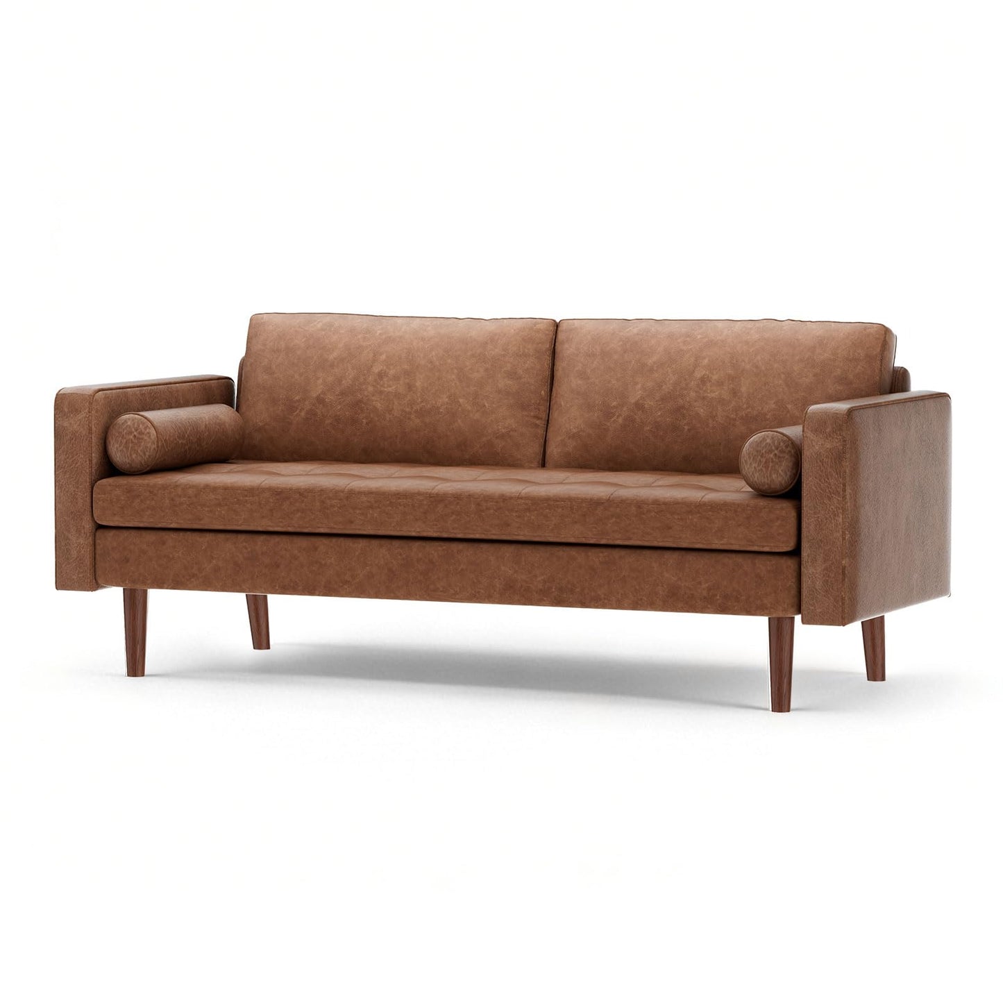 Meeyar 70" Mid-Century Modern Sofa Couch – Faux Leather Loveseat Sofa with Deep Seat & Solid Wood Frame – Includes 2 Accent Pillows –Dark Brown Living Room Bedroom Office