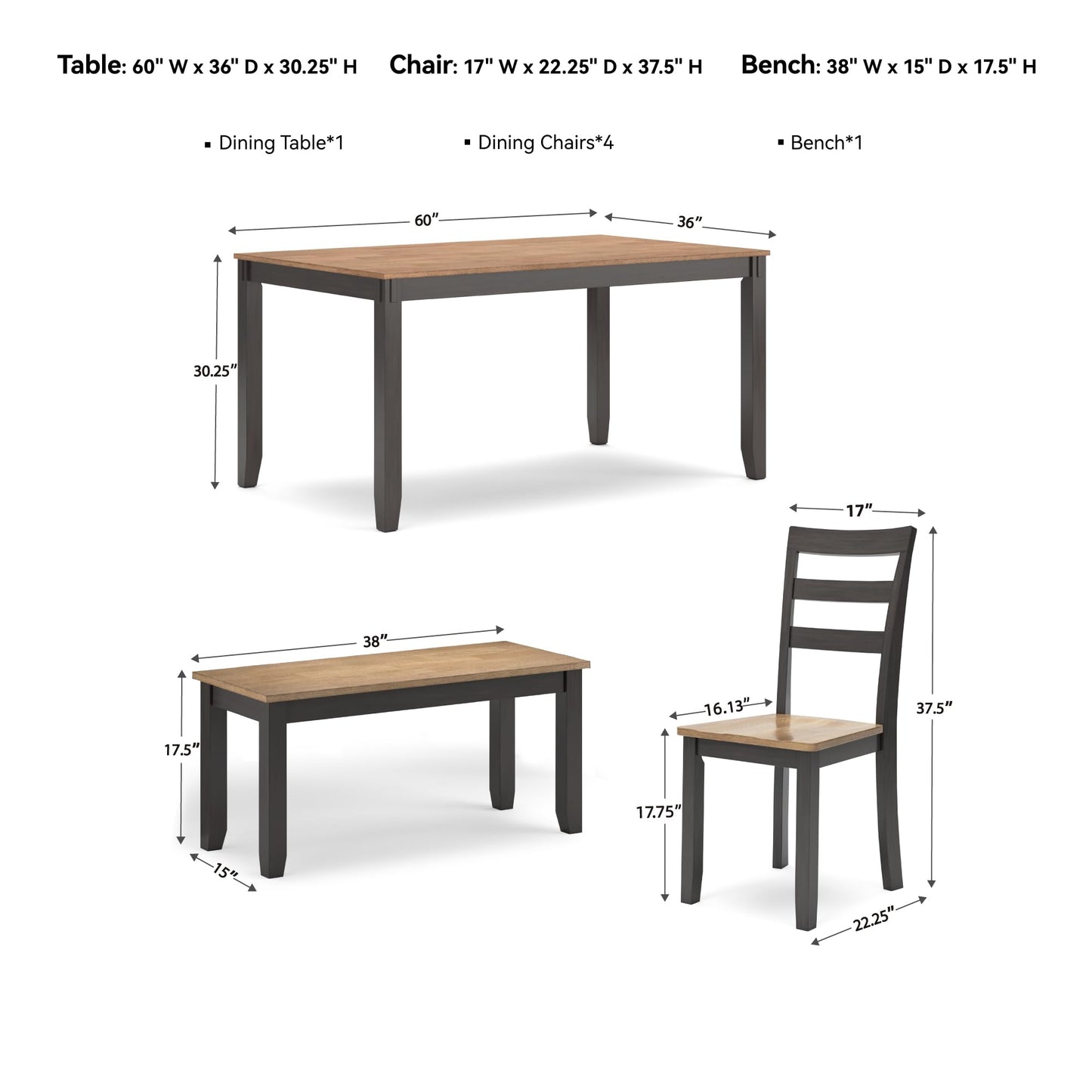 Signature Design by Ashley Gesthaven Casual Dining Table, Bench and 4 Ladderback Chairs, Seats 6, Wood, 36" W x 60" D x 30.25" H, Light Brown & Dark Brown