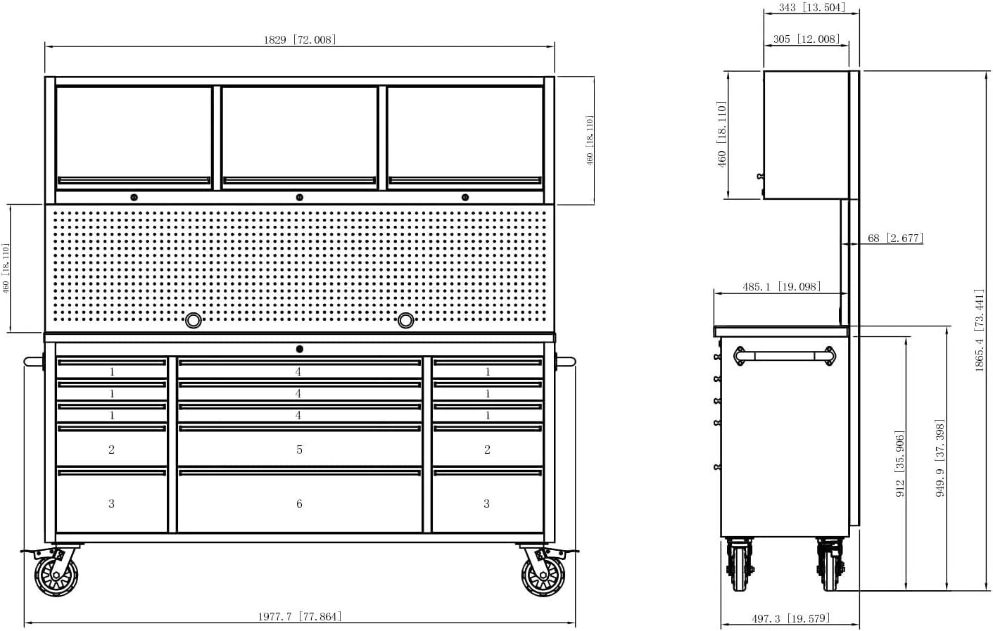 CHETTO C 72 inch Tool Chest Tool Box Mobile 15 Drawers Storage 3 Upper Cabinets SS-Pegboard Rolling Cabinet with Wheels Lock Key Locking System Drawer Liners for Garage Warehouse Repair Shop Black