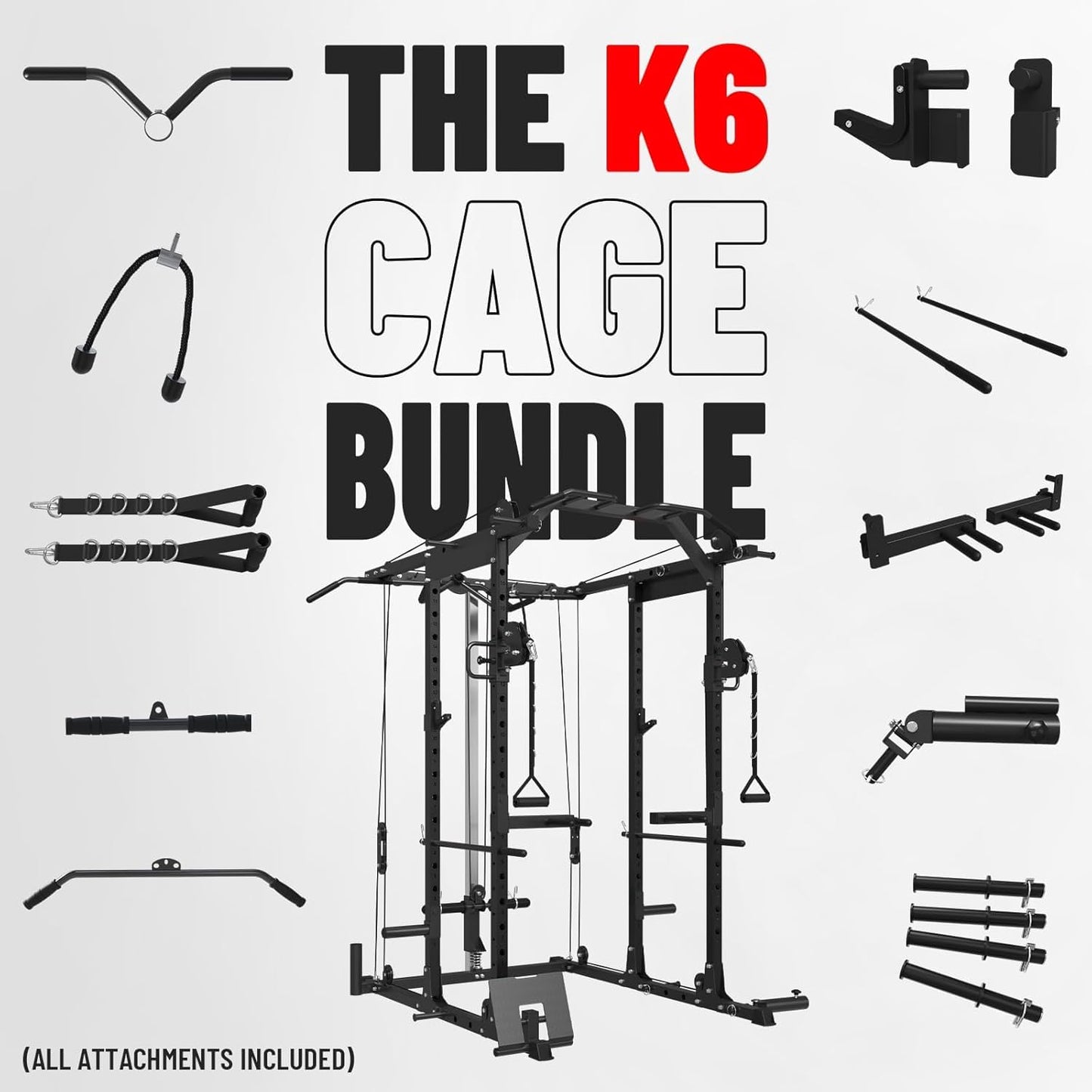 Mikolo K6 Power Cage, Power Rack with Cable Crossover System, Home Gym Packages with Weight Bench, Olympic Barbell, 230b Rubber Weight Set-Black