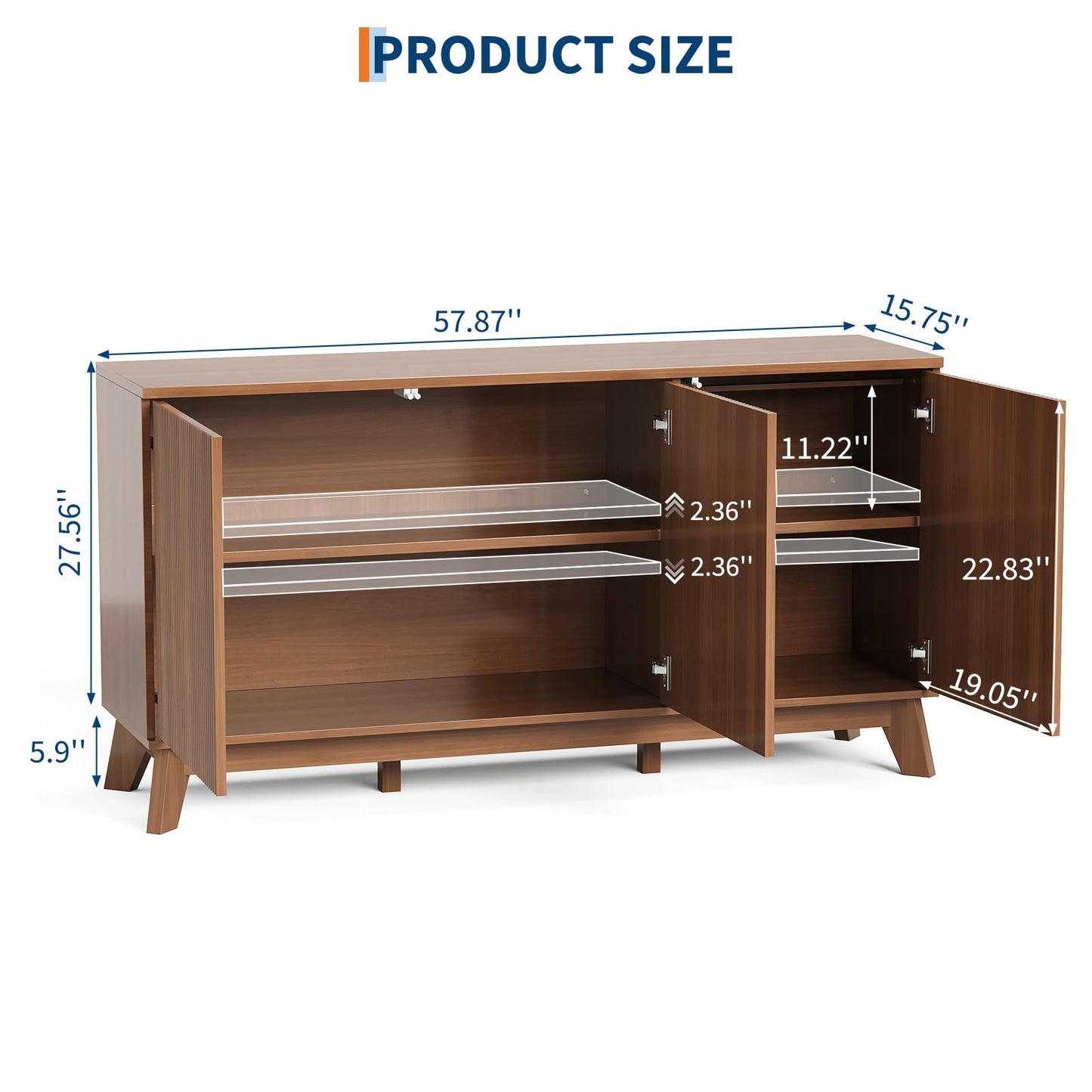 GarveeHome 58" Modern Farmhouse Sideboard Buffet Cabinet with Adjustable Shelves Storage & 4 Doors, Wood Buffet Console Table, Curved Design, Cupboard Coffee Bar Cabinet for Dining Room, Living Room