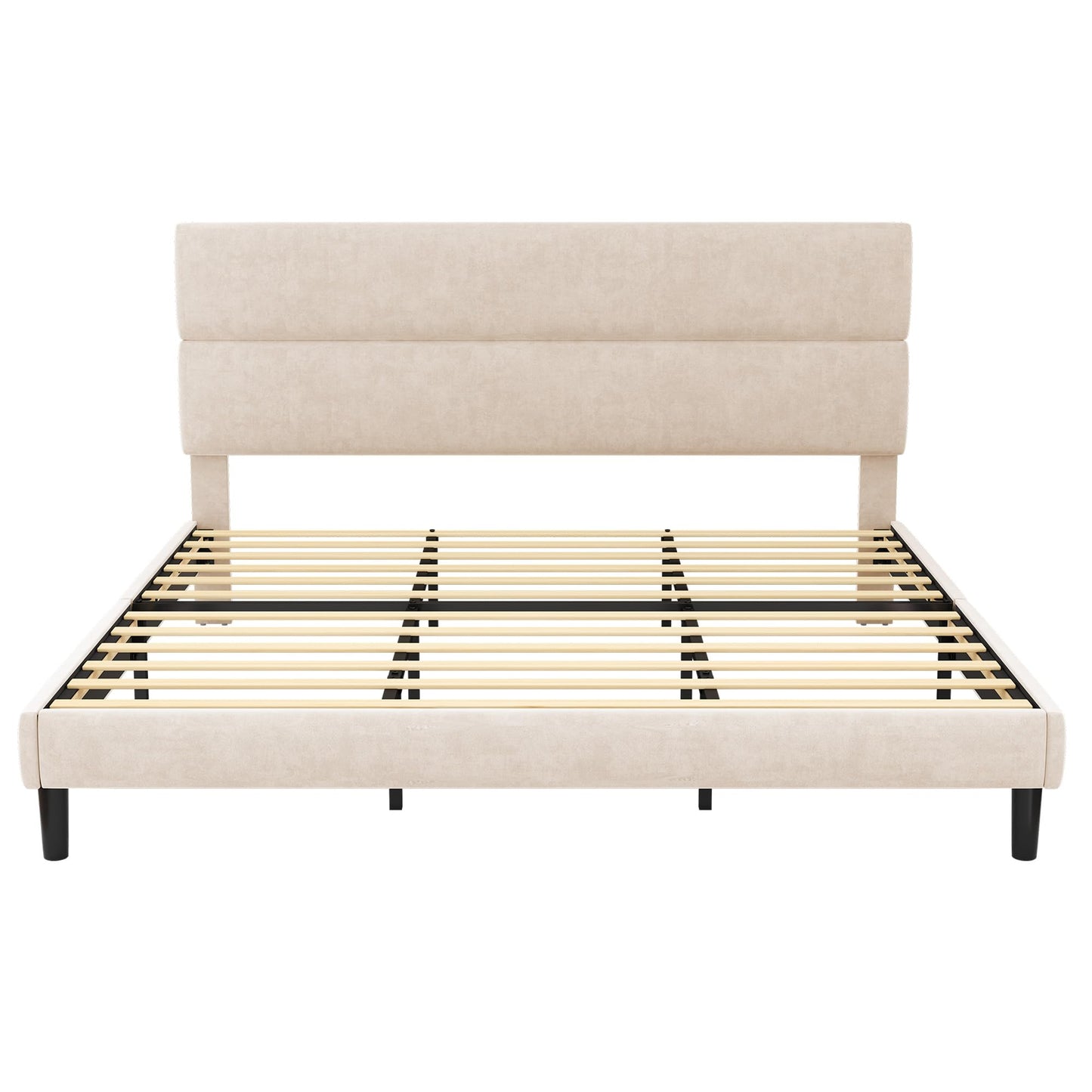 GRUSIGN King Size Platform Bed Frame with Velvet Headboard, Adjustable Height Wooden Slats Support, Upholstered Mattress Foundation, Fits Mattress or Mattress with Box Spring, Easy Assembly, Beige