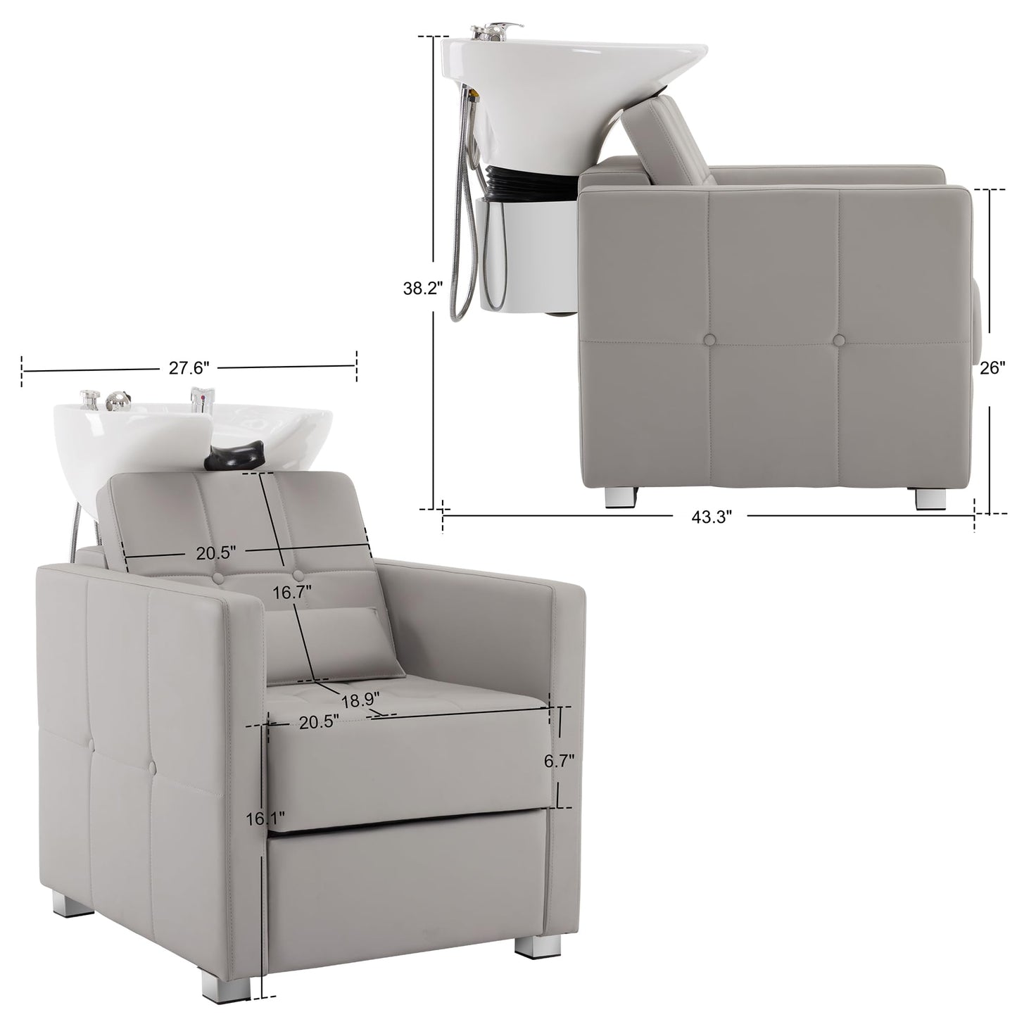 BarberPub Backwash Shampoo Station Chair, Adjustable Porcelain Ceramic Hair Wash Basin, Vacuum Breaker, Professional Shampoo Chair for Salon and Spa 9309 (Gray)