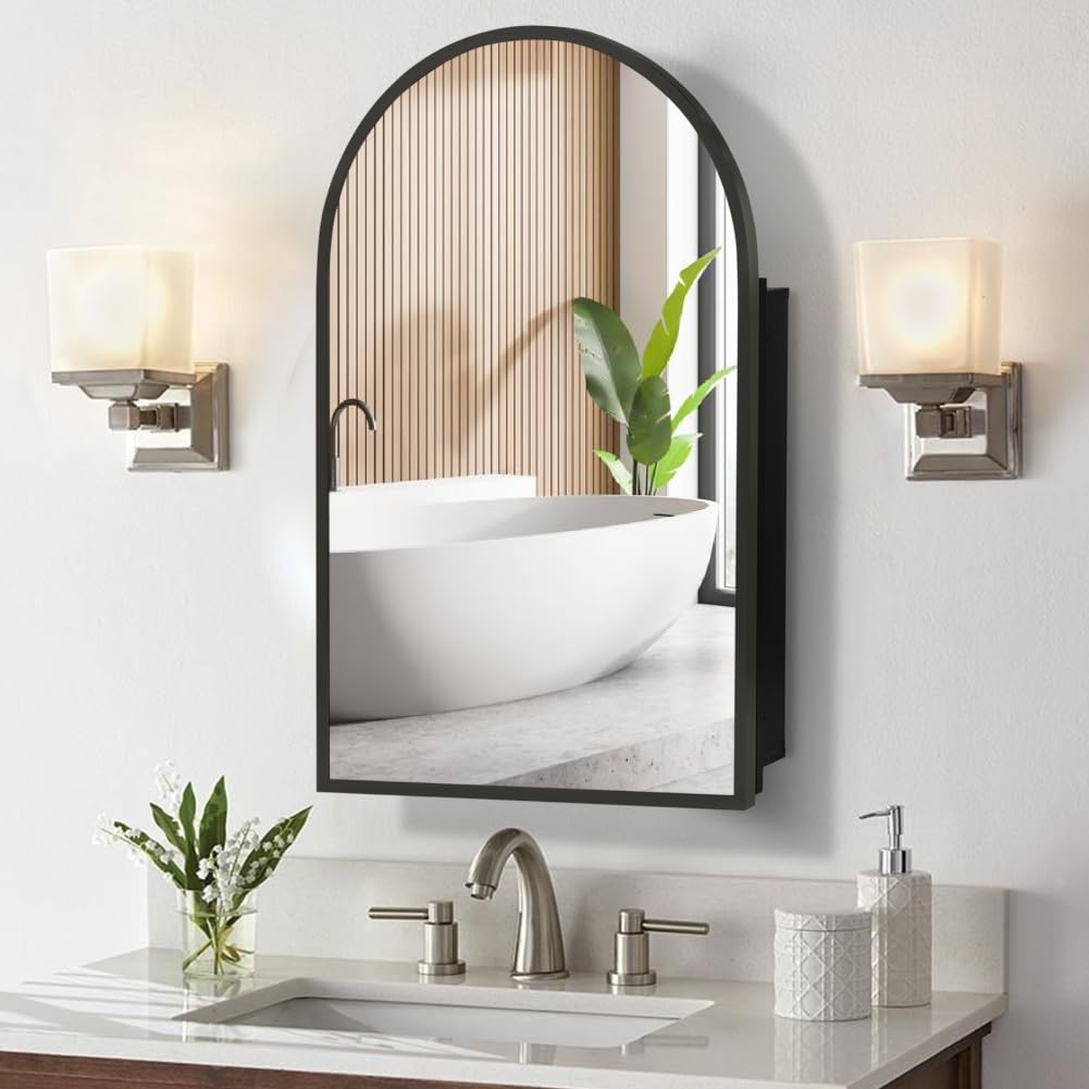 Movo 20 x31 Inch Arched Black Medicine Cabinet with Mirror,Metal Framed Wall Mounted,Recessed Medicine Cabinets for Bathroom,Bathroom Mirror Medicine Cabinet with 2 Removable Shelves