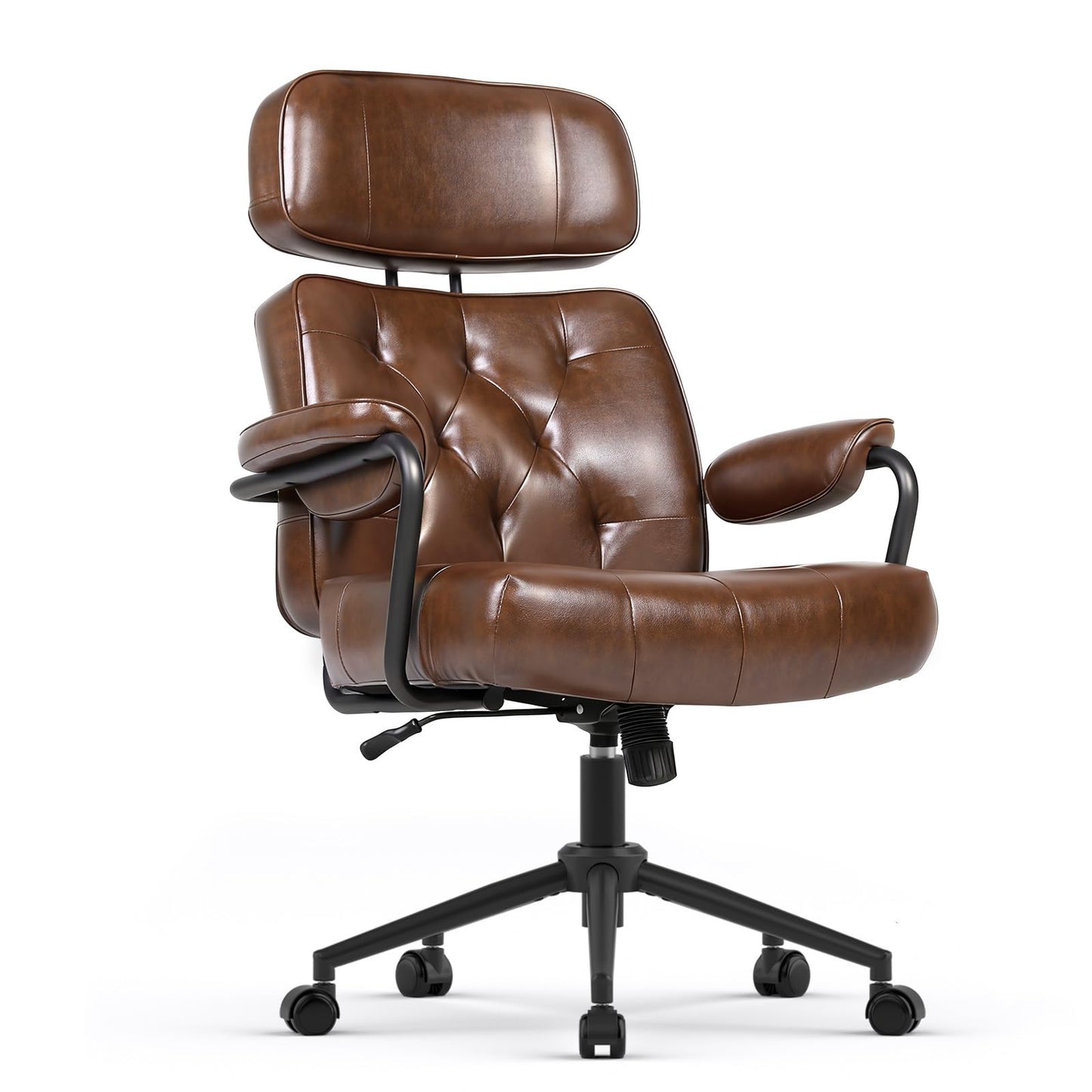 Mid Century Modern Home Office Desk Chair, Ergonomic Office Chair Big and Tall, High Back Executive Office Chair Leather Extra Wide, Computer Chair Comfy, Adjustable Height Rolling Chair, Caramel