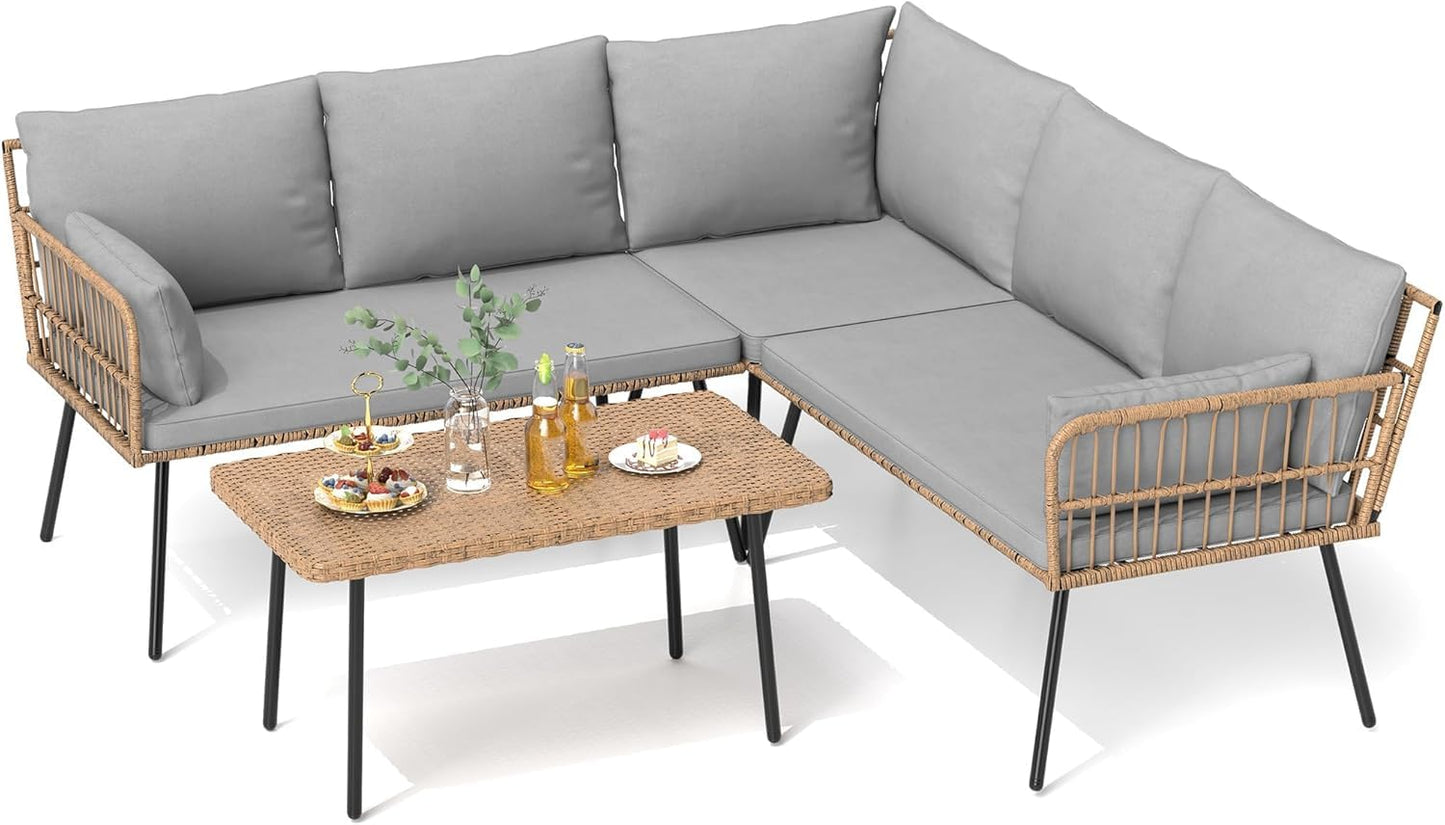 DWVO Patio Furniture Set, 4 Pieces Outdoor Patio Conversation Set, All-Weather PE Rattan Sectional L-Shaped Sofa with Soft Cushion and Side Table for Backyard, Porch, Boho Detachable Lounger (Gray)