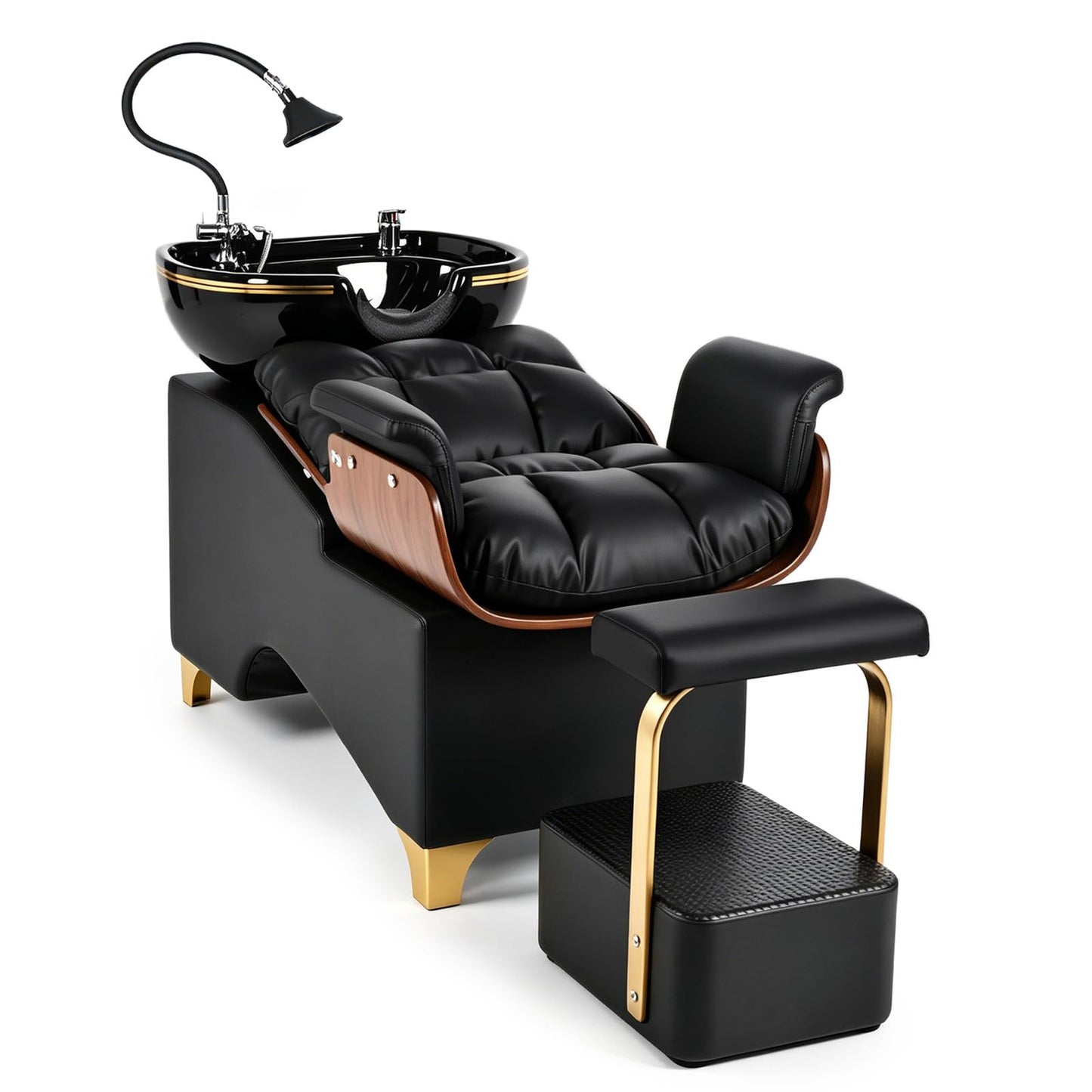 Oakvera Shampoo Bowl and Chair Set of 2 for Salon, Hair Washing Station Barber Backwash Unit with Ceramic Sink, Independent Footstool, Neck Rest & Head Pad, for Beauty Salon, Spa & Barbershop