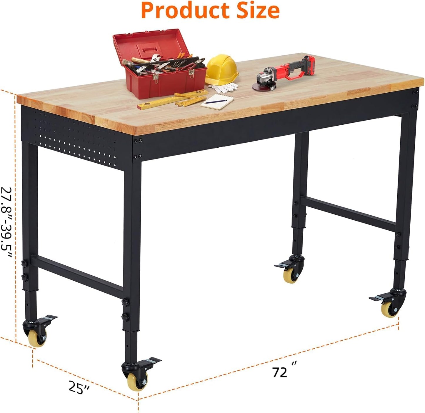 Adjustable Height Workbench 72" x 25" Worktable - Heavy Duty Rubber Wood Top, Mobile Workstation with Power Outlets & Wheels, 2000 Lbs Load Capacity - Ideal for Garage & Workshop, Hardwood Workbench
