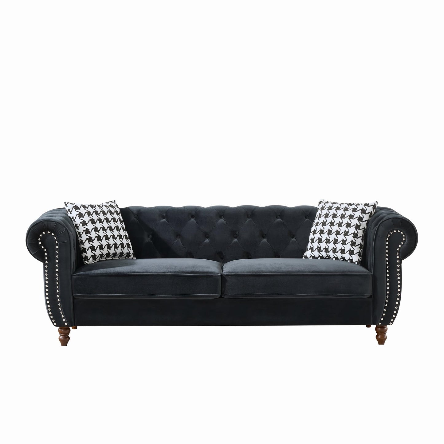 KEIKI 89" Chesterfield Velvet Sofa, Mid Century Modern 3 Seater Couch w/Roll Armrest & Nailhead, Comfy Upholstered Sleeper Cloud Couches SofaBed for Office Apartment Living Room, Easy Assembly, Black