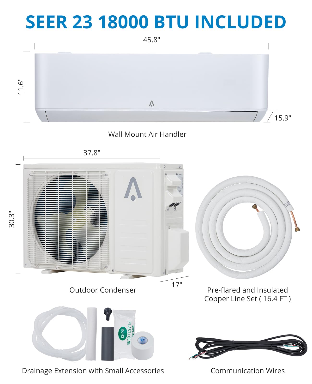 SXYCMY 18,000 BTU Split-System Air Conditioner Inverter, Split AC/Heating System 23 SEER, Cools Room Up to 1250 Sq. Ft, Wall Mount Ductless Mini Split A/C Heat Pump Full Set with 16ft Installation Kit