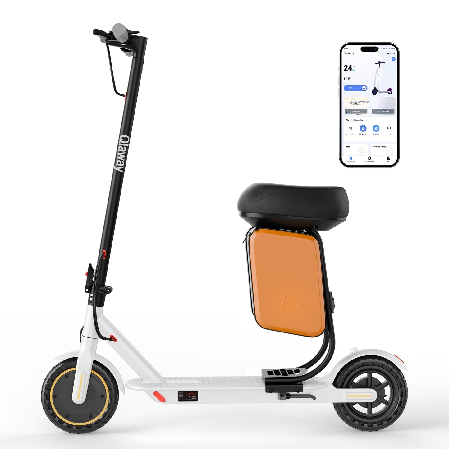 Qlaway Electric Scooter with Seat, 350W Motor, Top Speed 19Mph(31km/h), Max 22 Miles Ranges, 350W Motor, 8.5" Solid Tires, Aluminum Alloy Folding E Scooter with Dual Braking/APP Control