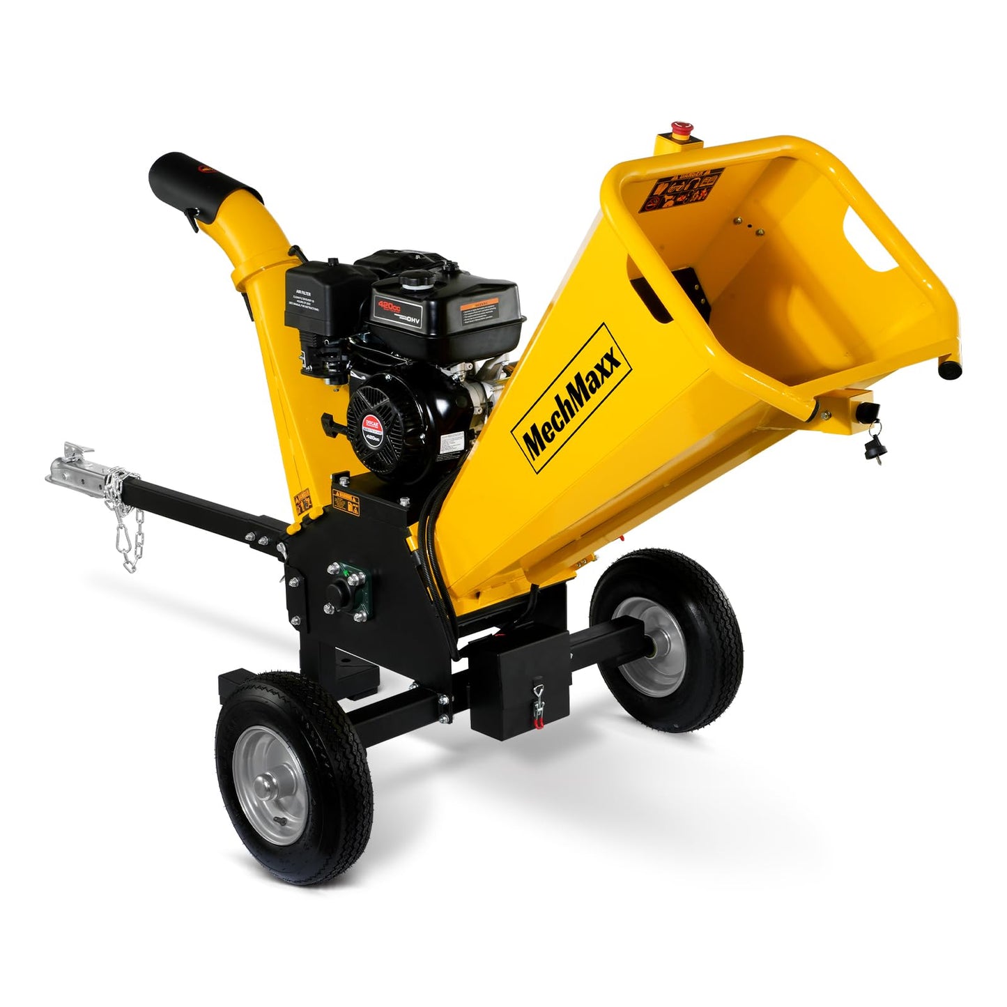 MechMaxx 5'' inch DUCAR 420cc 15hp E-Start Gas Powered Wood Chipper Shredder Mulcher with Towbar/Emergency Stop Button,Model GS1500 Yellow