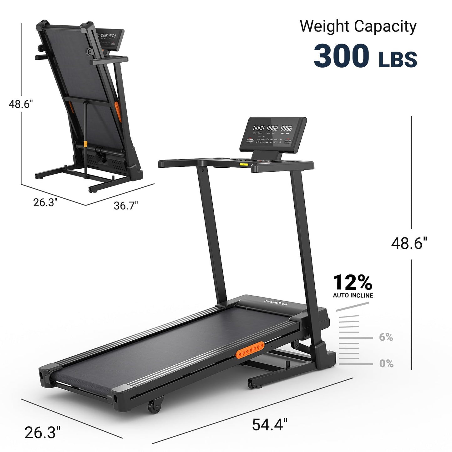 THERUN Treadmill with Incline, 3.0 HP Foldable Treadmills for Home, Brushless Motorized Incline, Treadmill for Home with 0%-12% Auto Incline, 300 LBS Capacity
