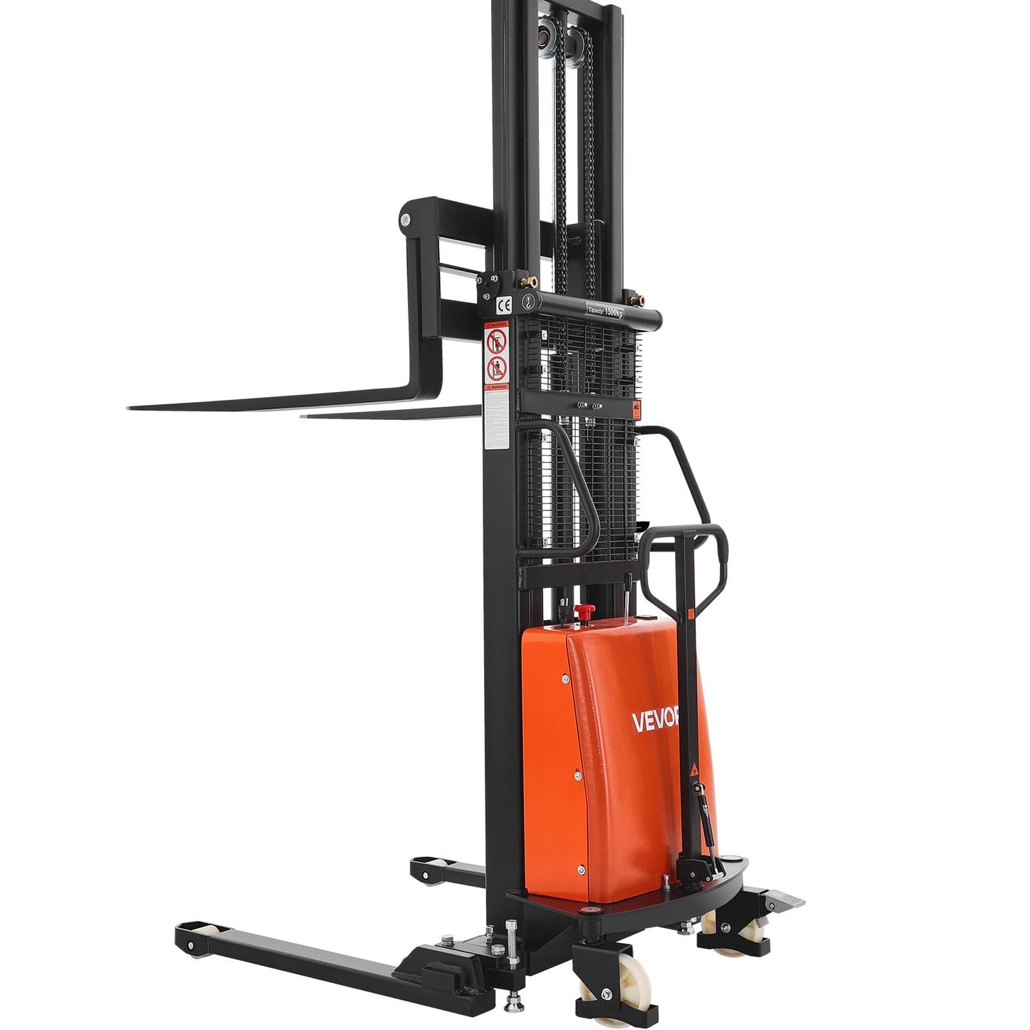 VEVOR Semi Electric Pallet Stacker, 3300 lbs Capacity, 98.42'' Lifting Height, Pallet Lift Stacker Forklift with Straddle Legs & Forks, 8.66-31.1 Inches Adjustable Fork Width, Orange & Black