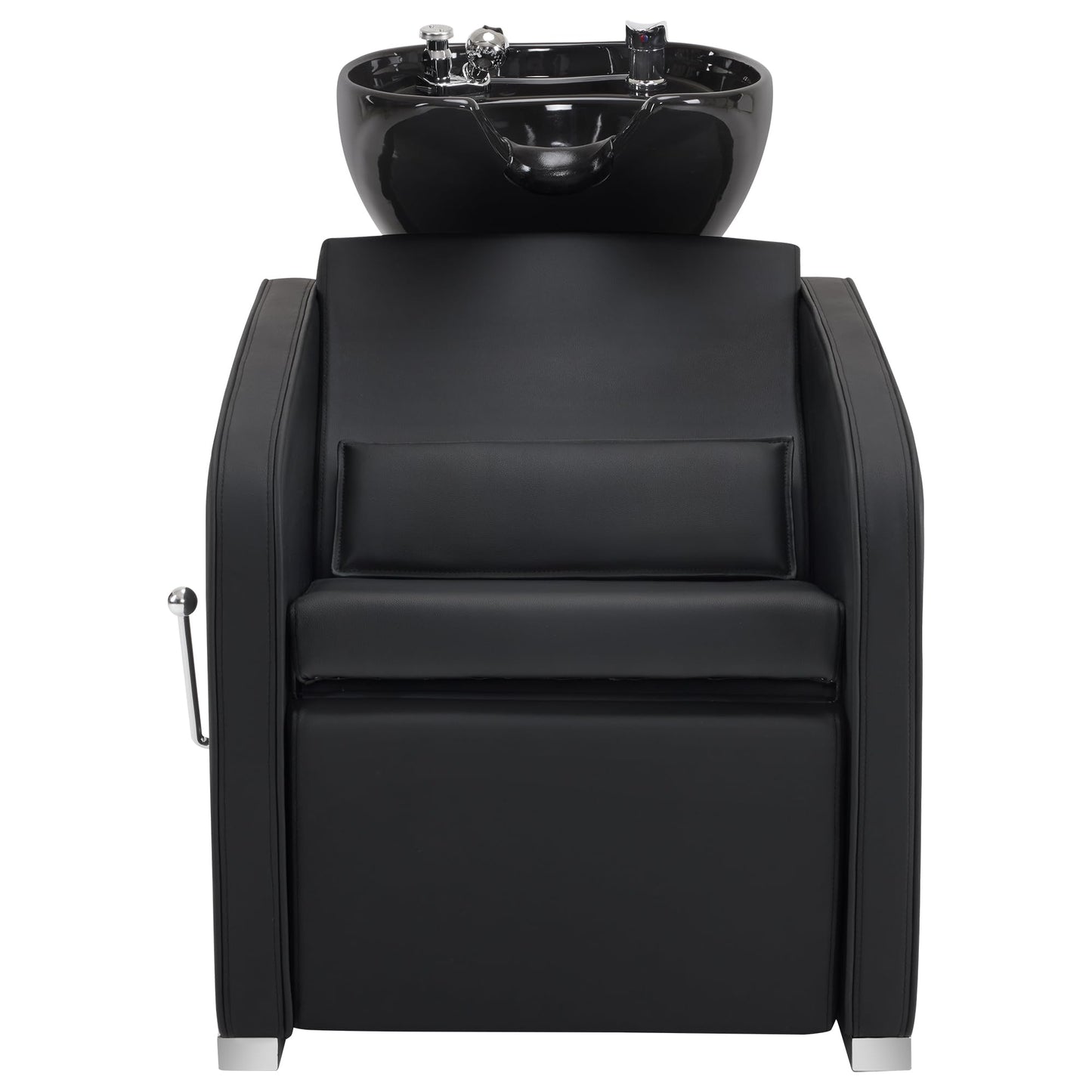 BarberPub Backwash Shampoo Station Chair, Adjustable Porcelain Ceramic Hair Wash Bowl Sink Unit Station, Reclining Shampoo Station Chair for Spa Beauty Salon Hair Salon Equipment 9303 (Black)