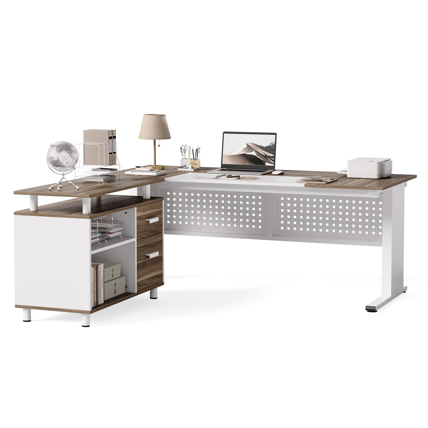 LITTLE TREE Large Computer Desk with File Cabinet, 63 Inch Executive Desk L Shaped Office Desk with Drawers and Storage Shelves, Business Furniture Desk Workstation for Home Office