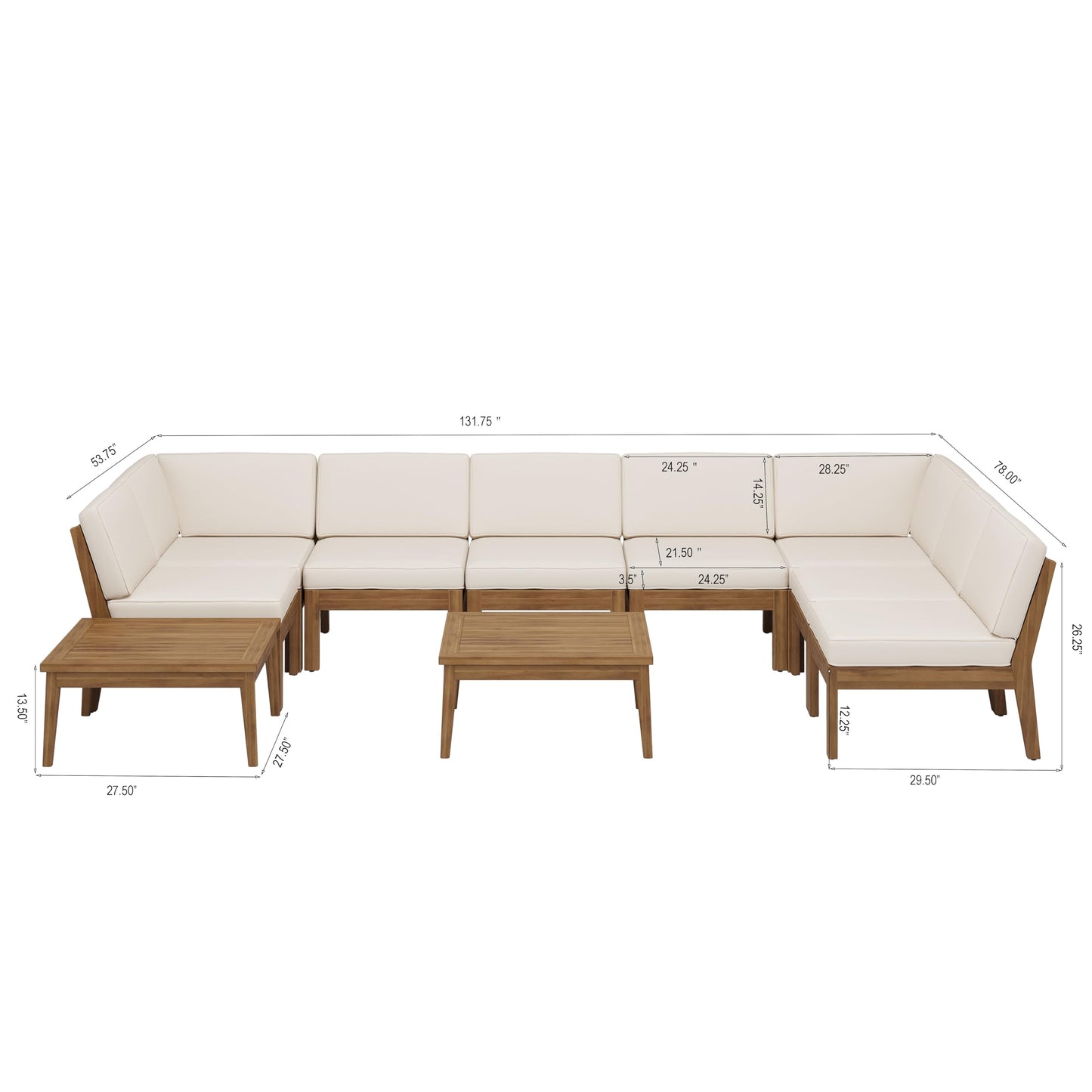 Merax 11 Piece Paito 8-Seaters Conversation Set, All-Weather Acacia Wood U-Shaped Sofa with Cushions and 2 Coffee Tables, Outdoor Sectional Couch Set for Backyard, Poolside, Teak+ Beige