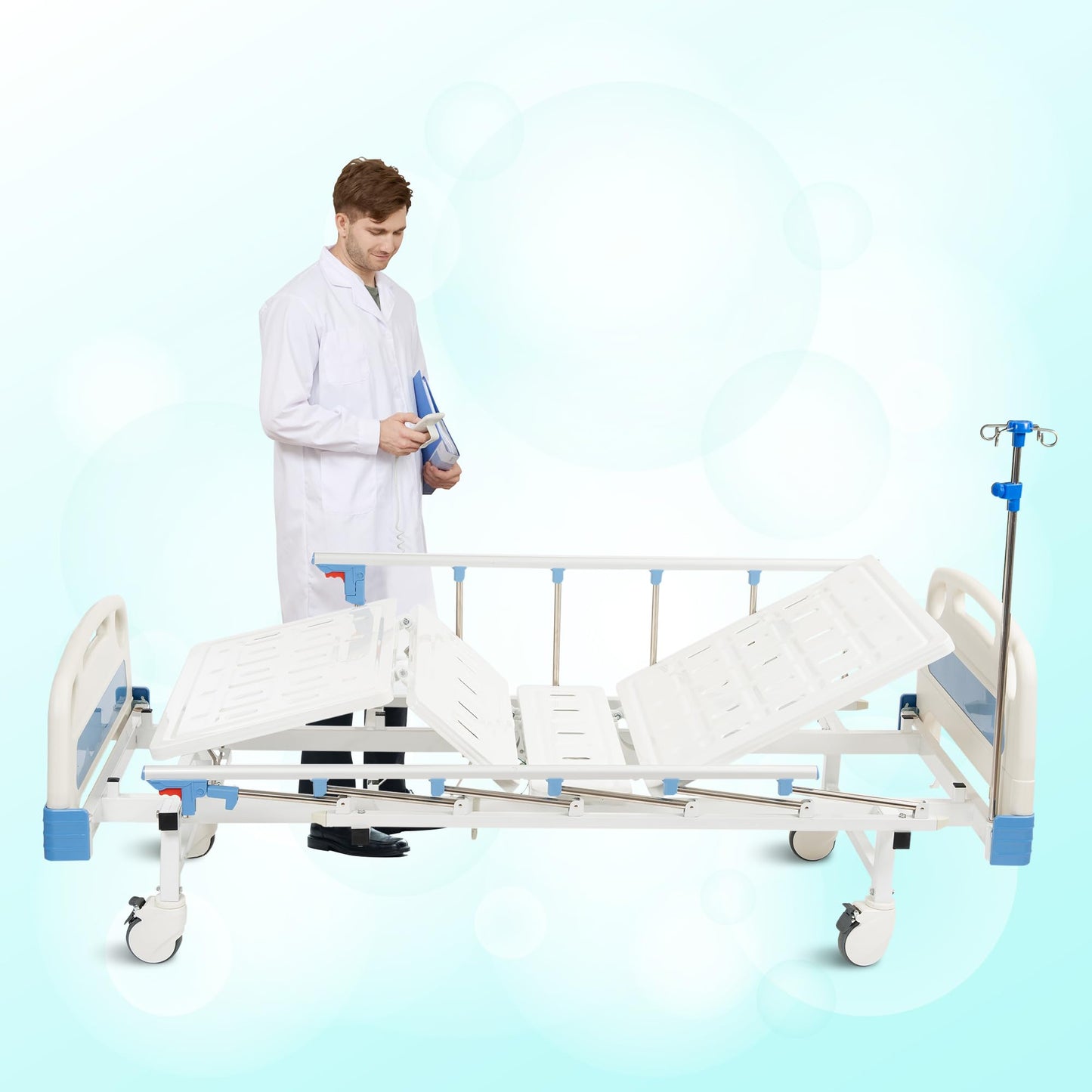 Real Relax Premium 2 Function Full Electric Hospital Bed, ICU Electric Medical Bed with 4 inch Foam Mattress & IV Pole, Dining Table Board and 5 inch Locking Casters, 530LBS Loading.